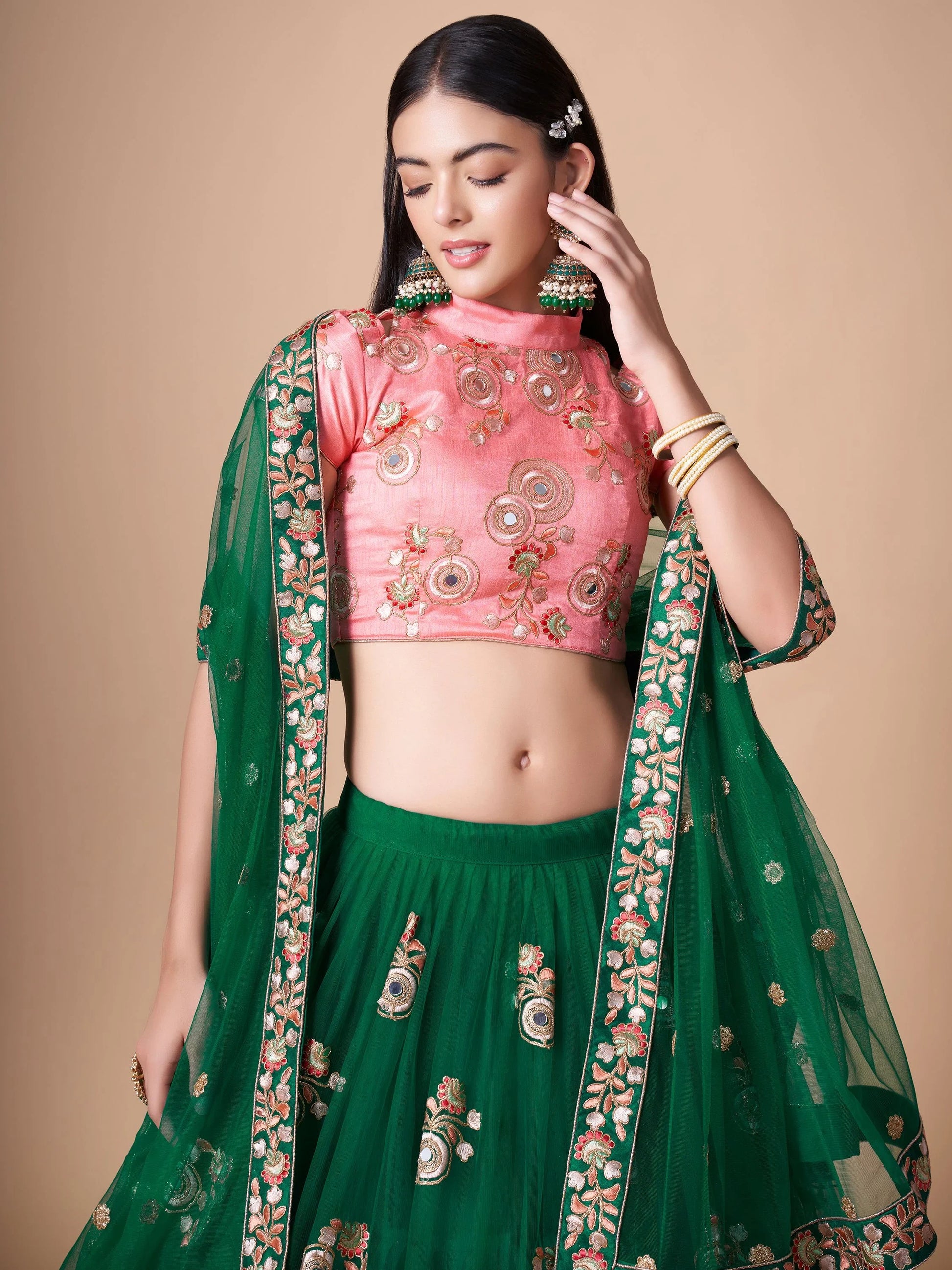 Abundant Green Mirror Work Net Reception Wear Lehenga Choli - Zeel Clothing