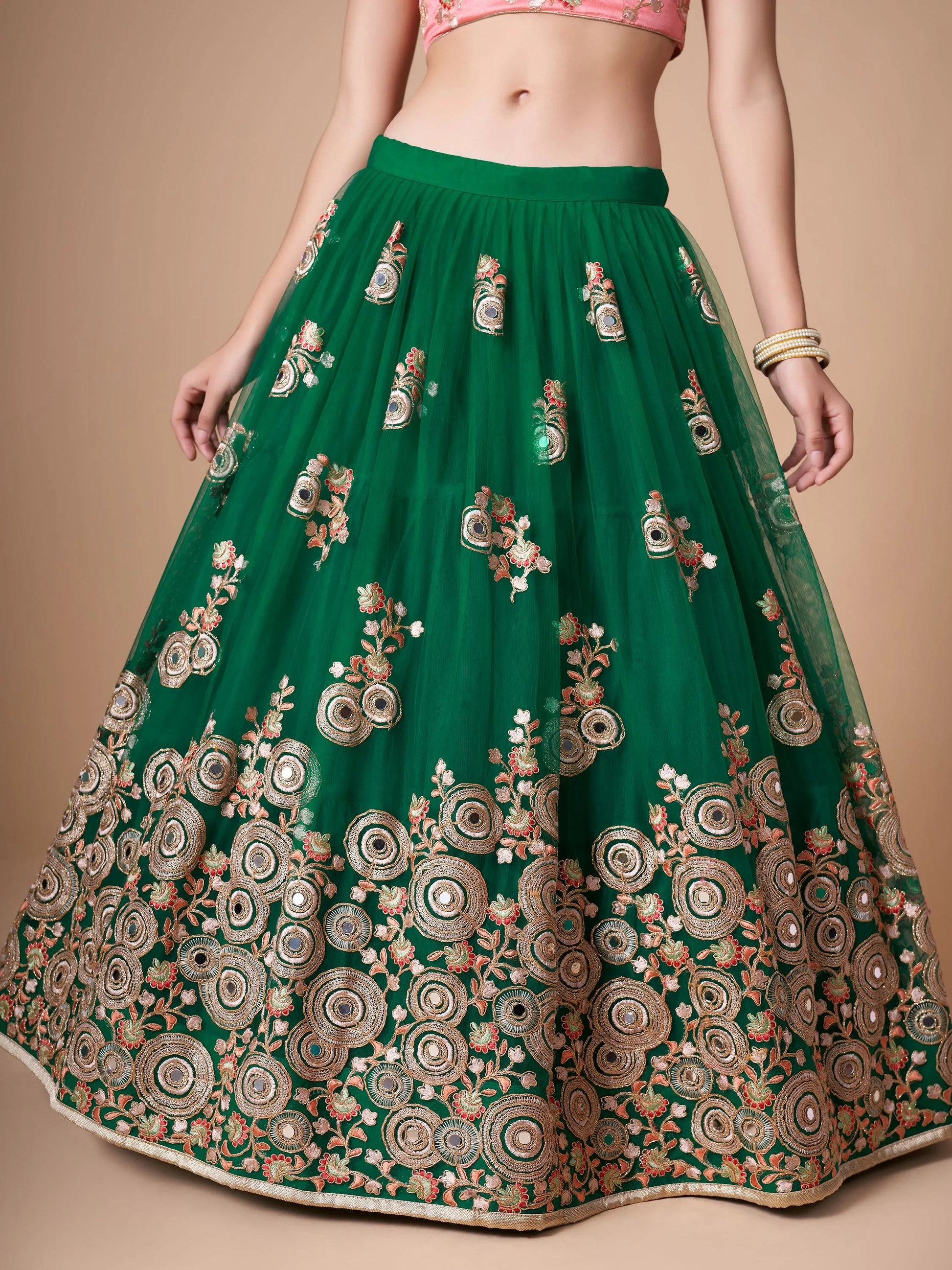 Abundant Green Mirror Work Net Reception Wear Lehenga Choli - Zeel Clothing
