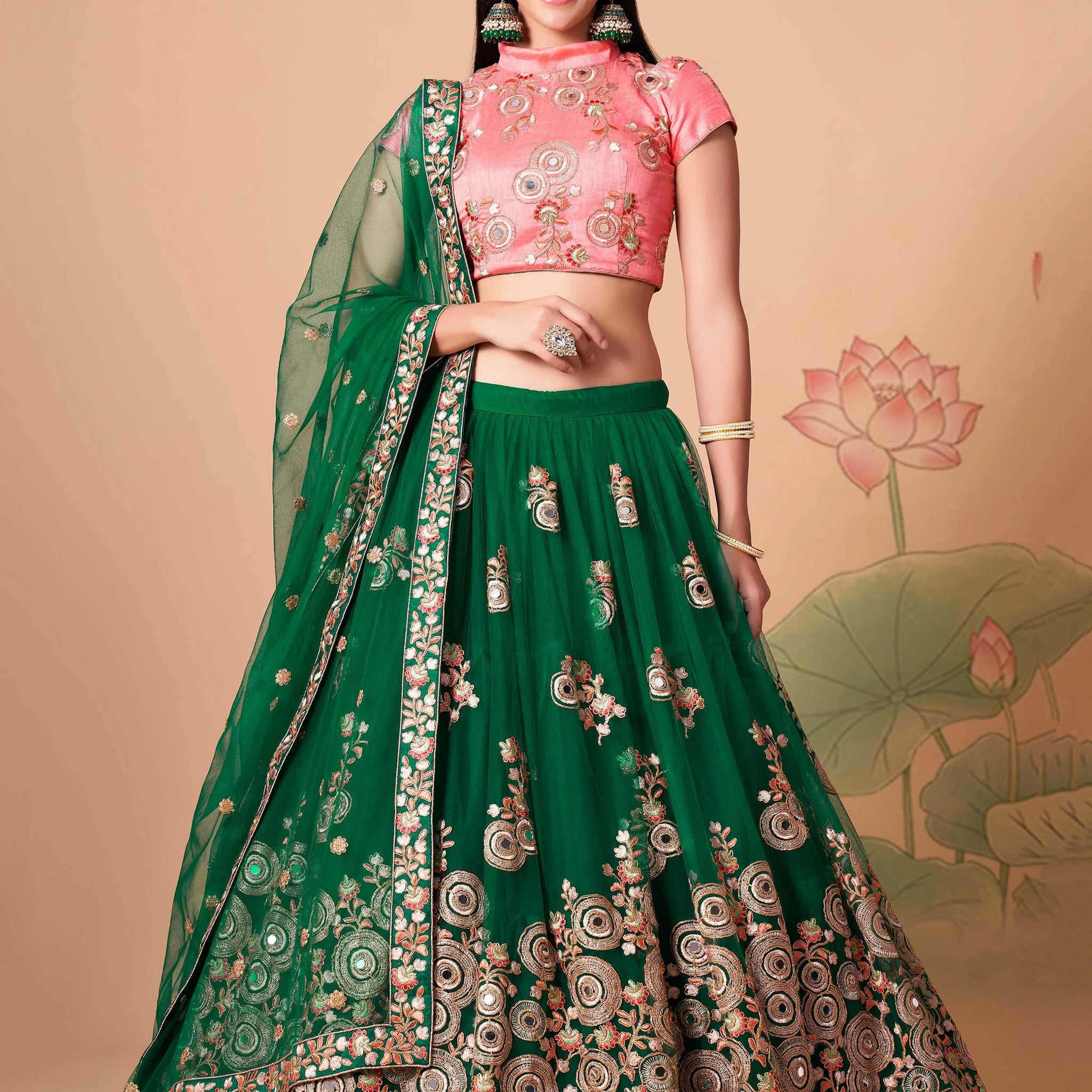 Abundant Green Mirror Work Net Reception Wear Lehenga Choli - Zeel Clothing