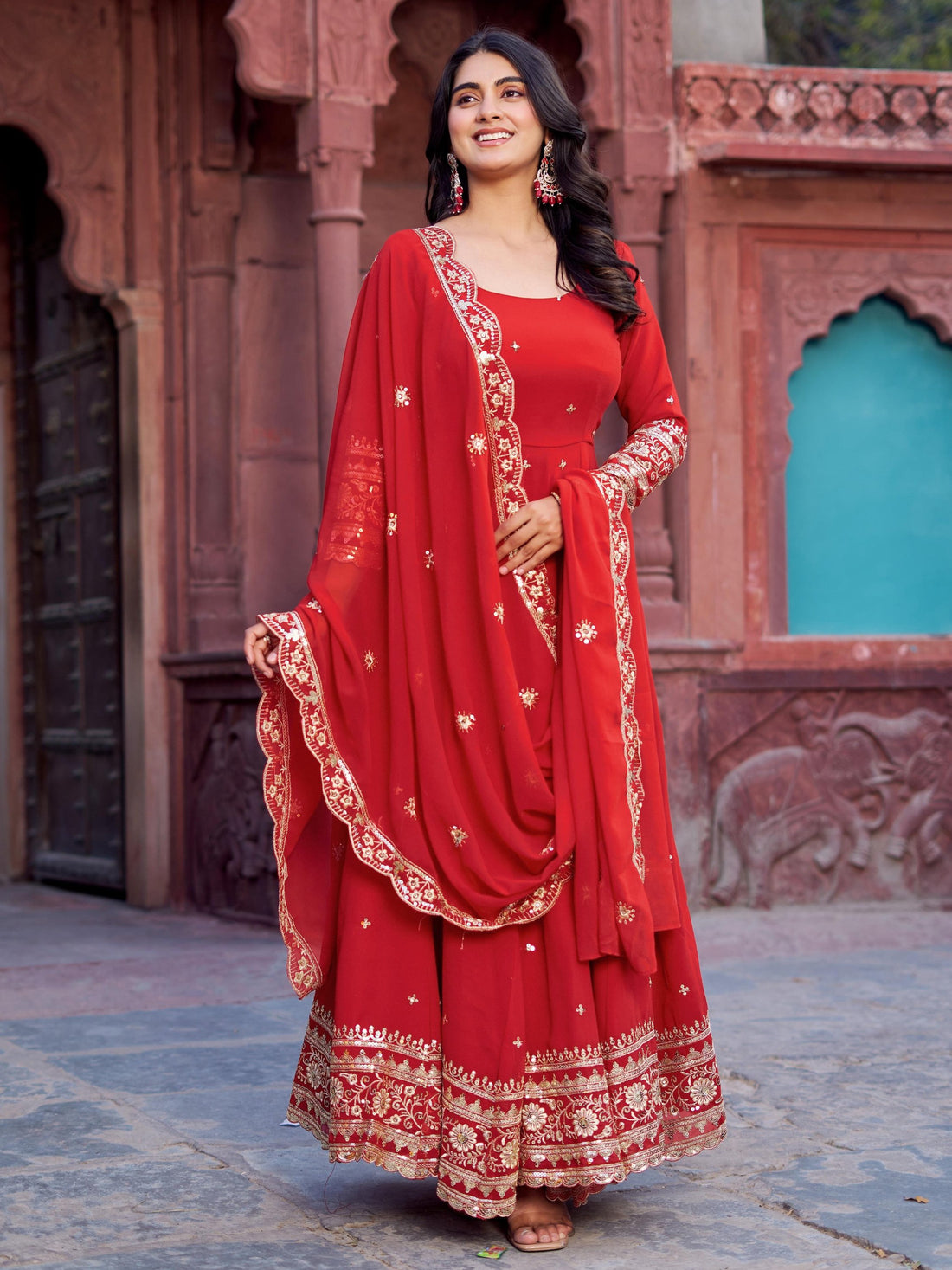 Sumptuous Red Thread Work Georgette Festive Wear Gown With Dupatta
