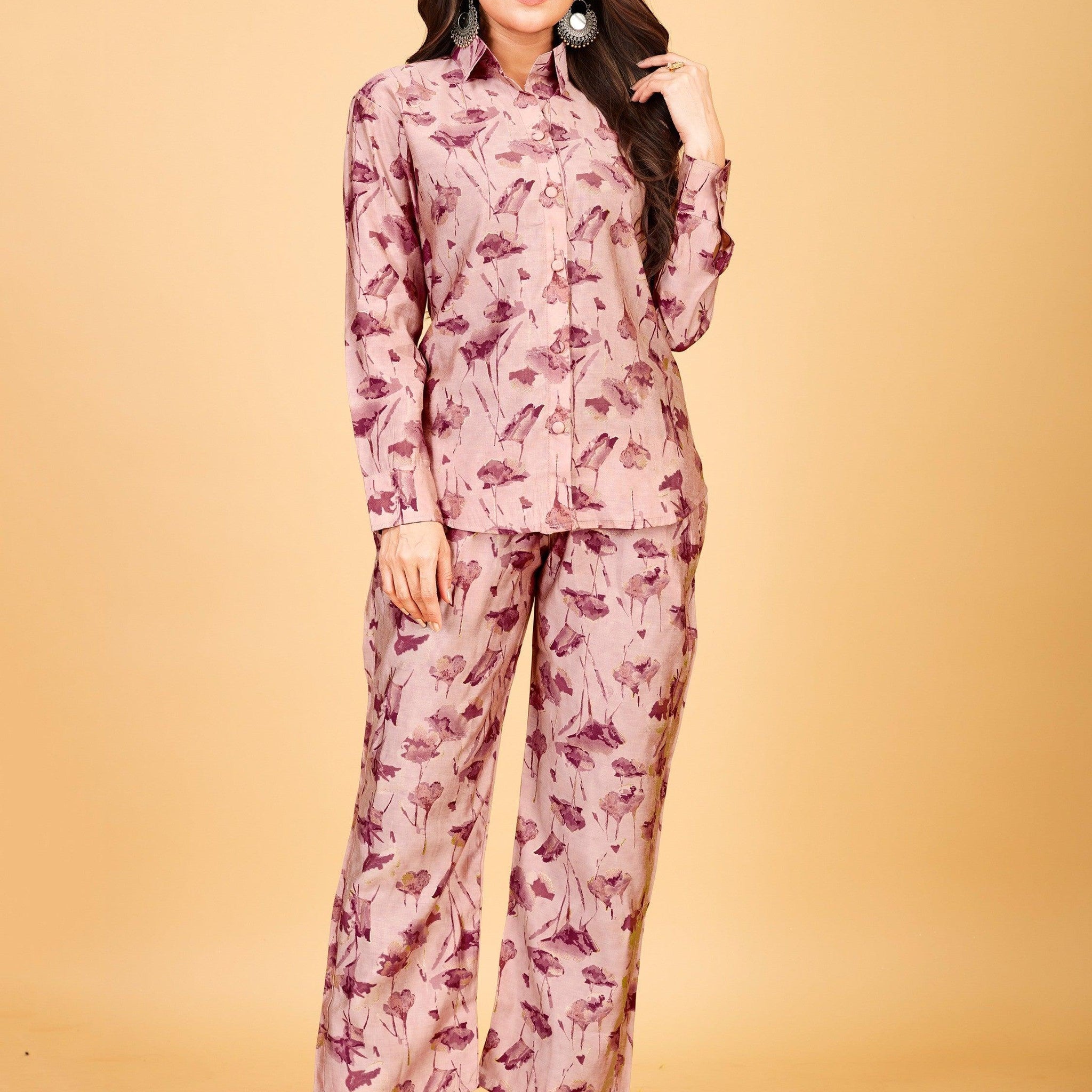 Fascinating Pink Floral Printed Satin Top Pant Co-Ord Set