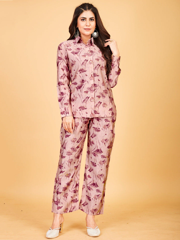 Fascinating Pink Floral Printed Satin Top Pant Co-Ord Set
