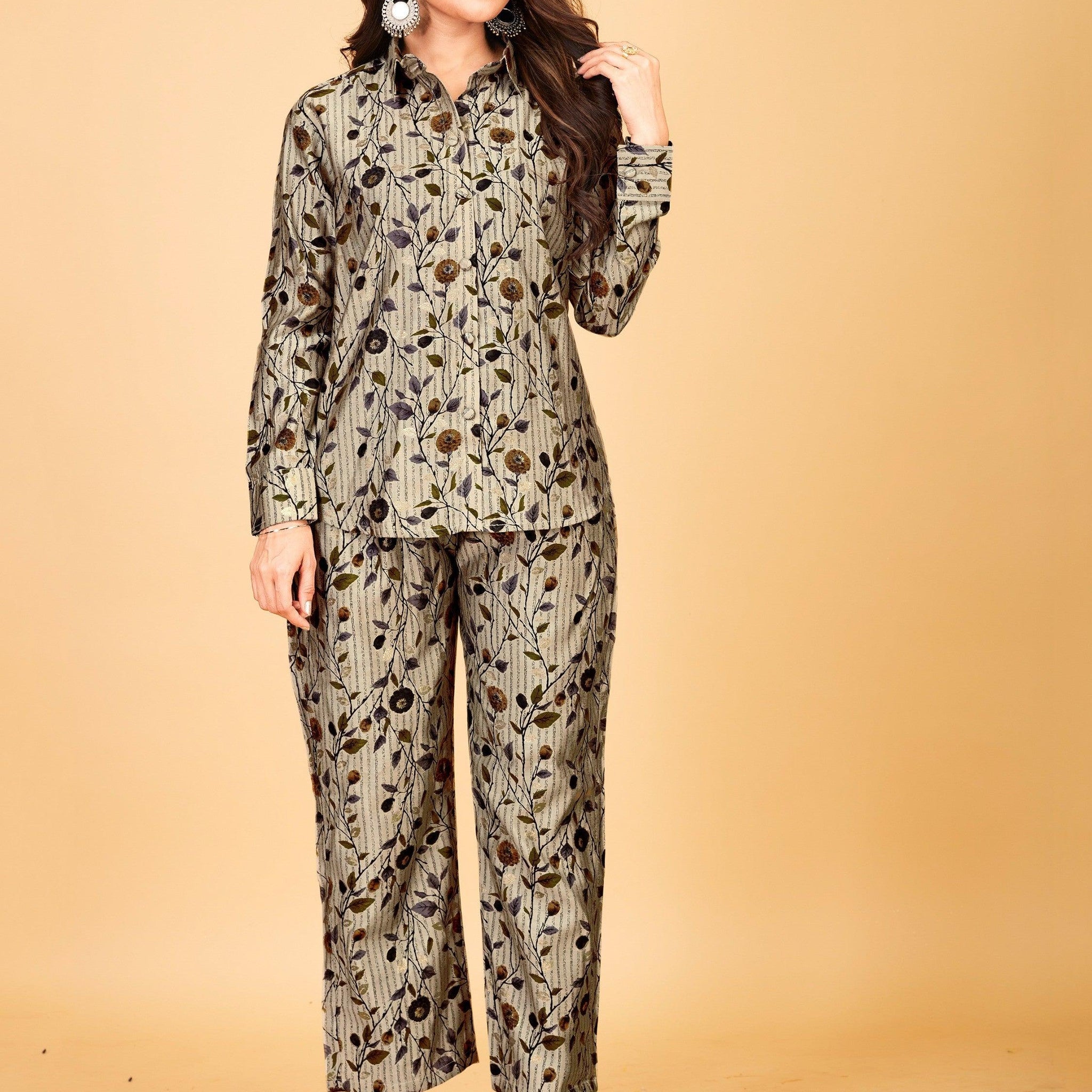 Memorable Grey Floral Printed Satin Top Pant Co-Ord Set