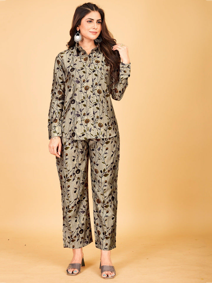 Memorable Grey Floral Printed Satin Top Pant Co-Ord Set