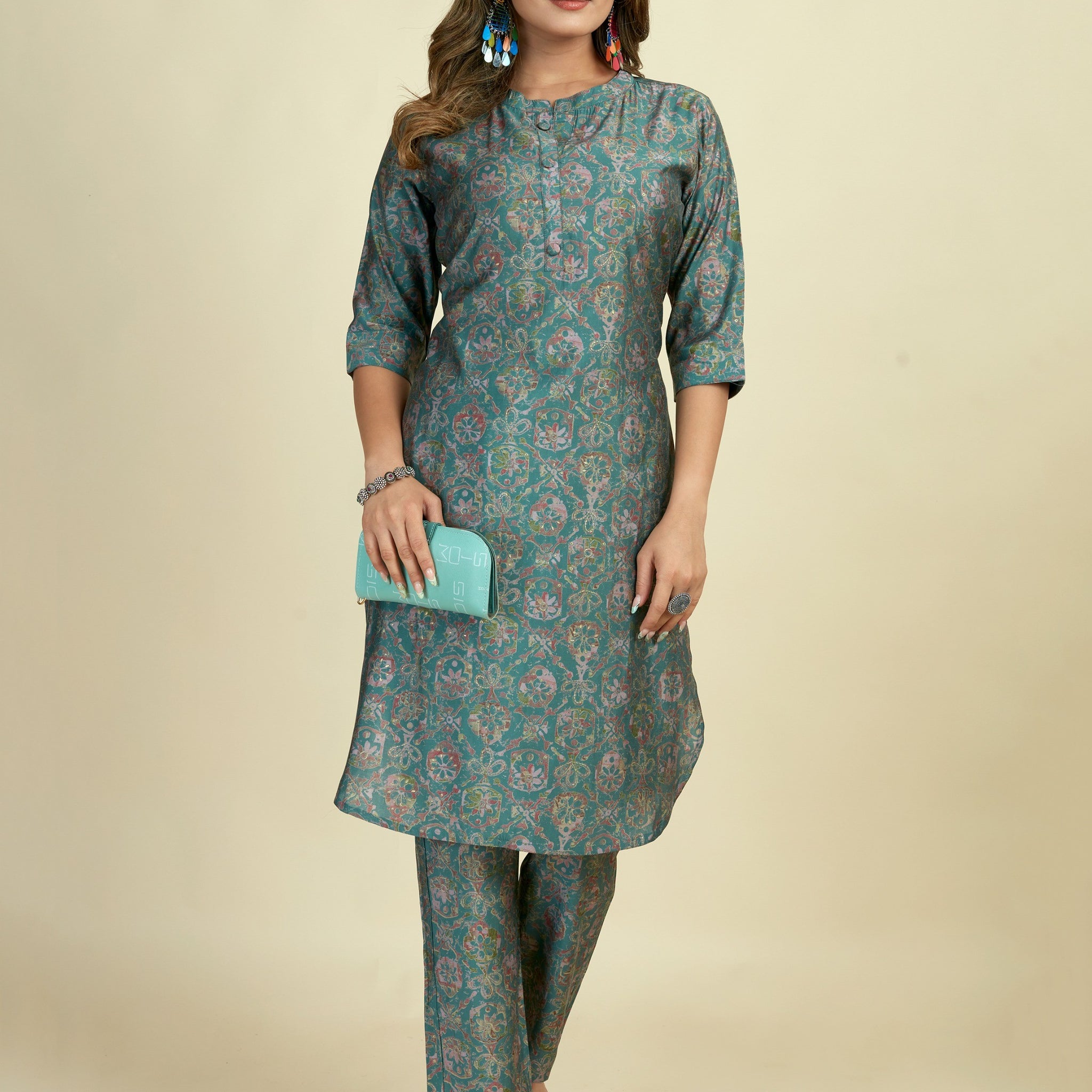 Amazing Teal Green Digital Printed Satin Readymade Kurti Pant