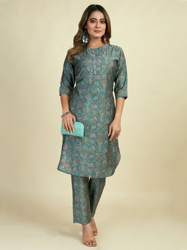 Amazing Teal Green Digital Printed Satin Readymade Kurti Pant