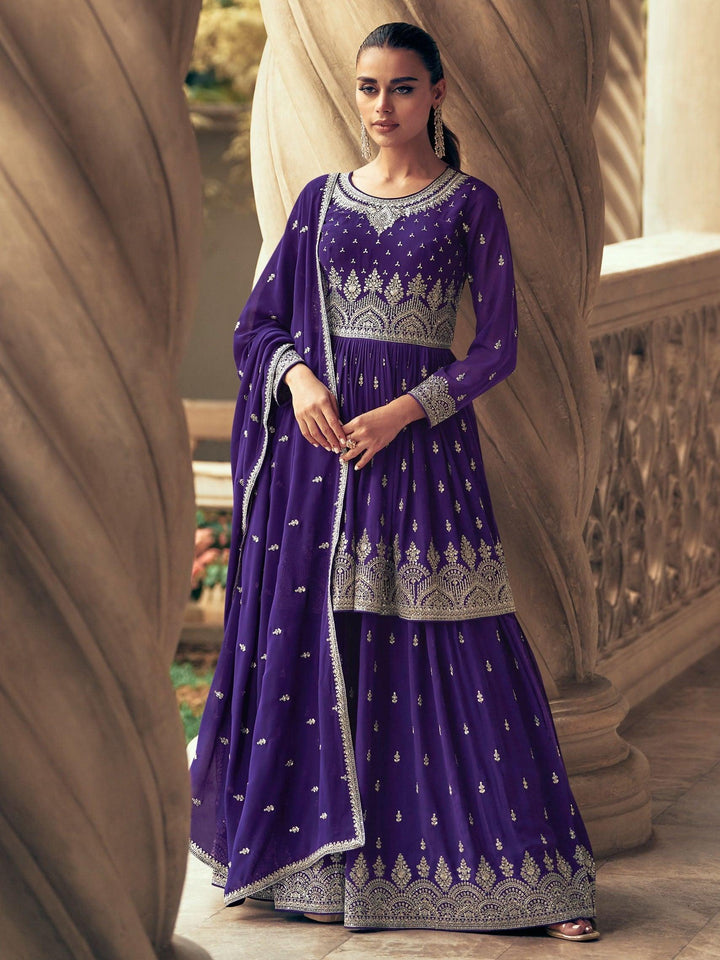 Fabulous Purple Embroidered Georgette Gharara Suit With Dupatta
