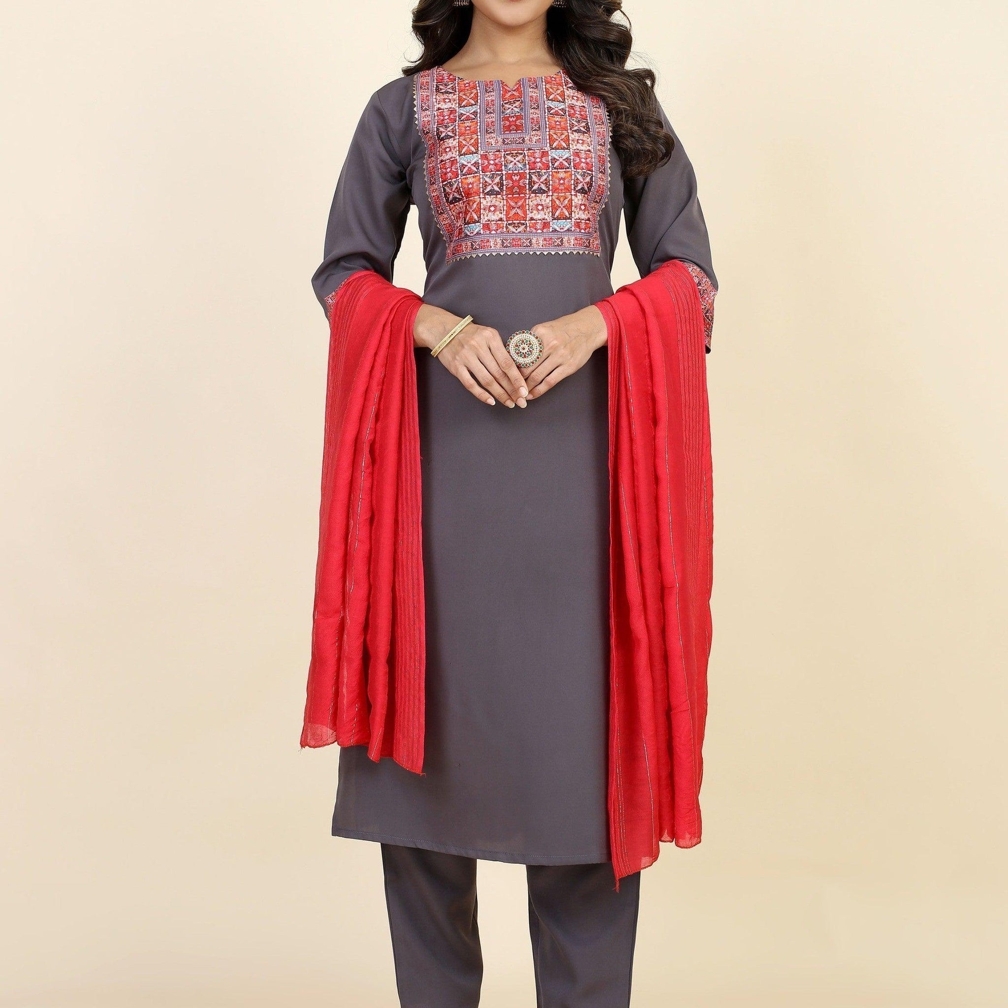 Fancified Grey Digital Printed Crepe Events Wear Pant Suit With Dupatta