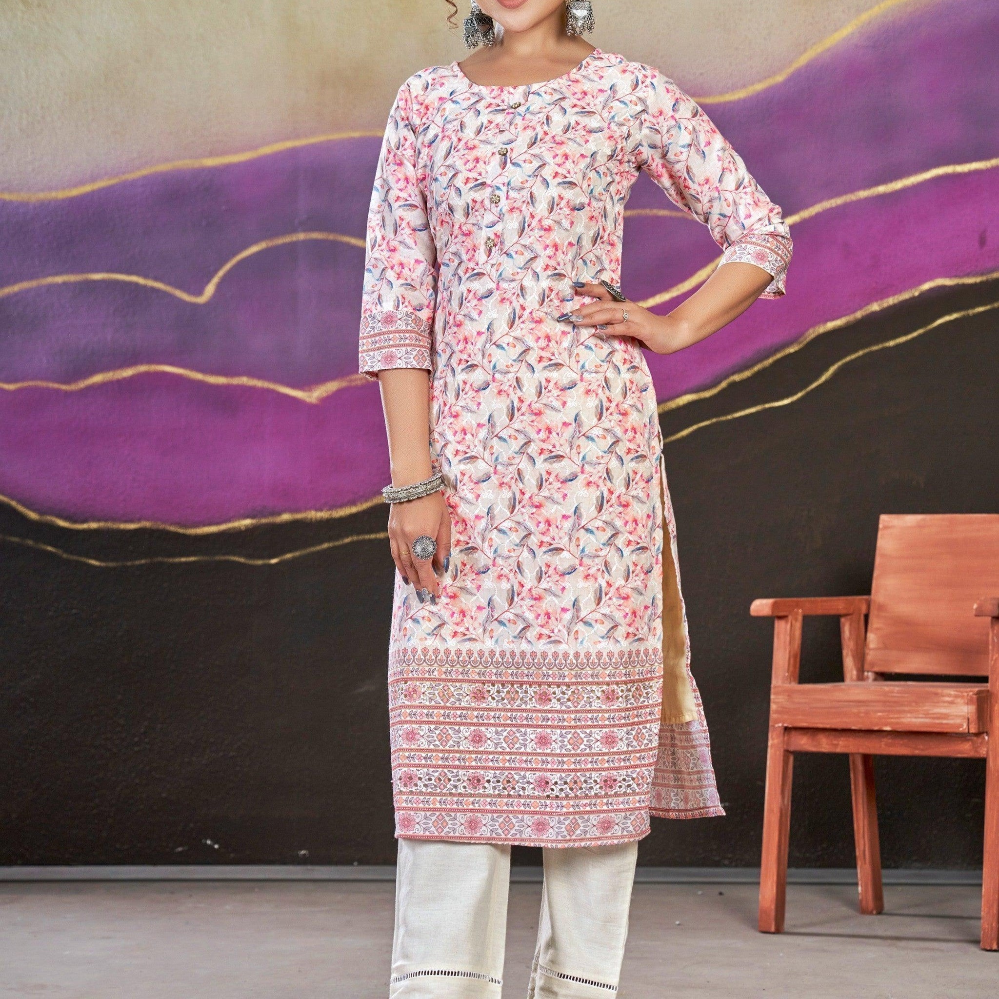 Lovely Off-White Floral Printed Cotton Traditional Readymade Kurti