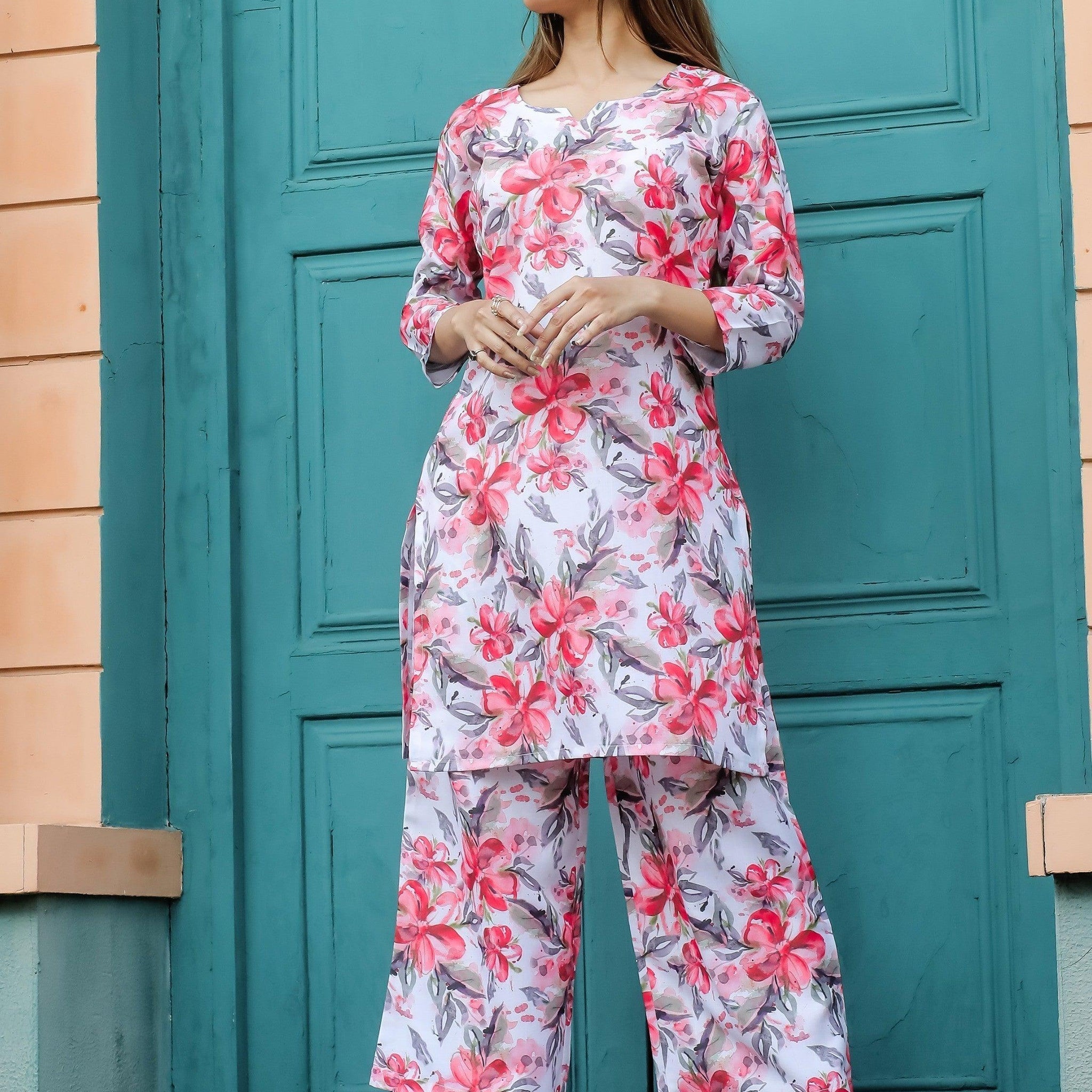 Amazing Multi-Color Floral Printed Cotton Top Palazzo Co-Ord Set