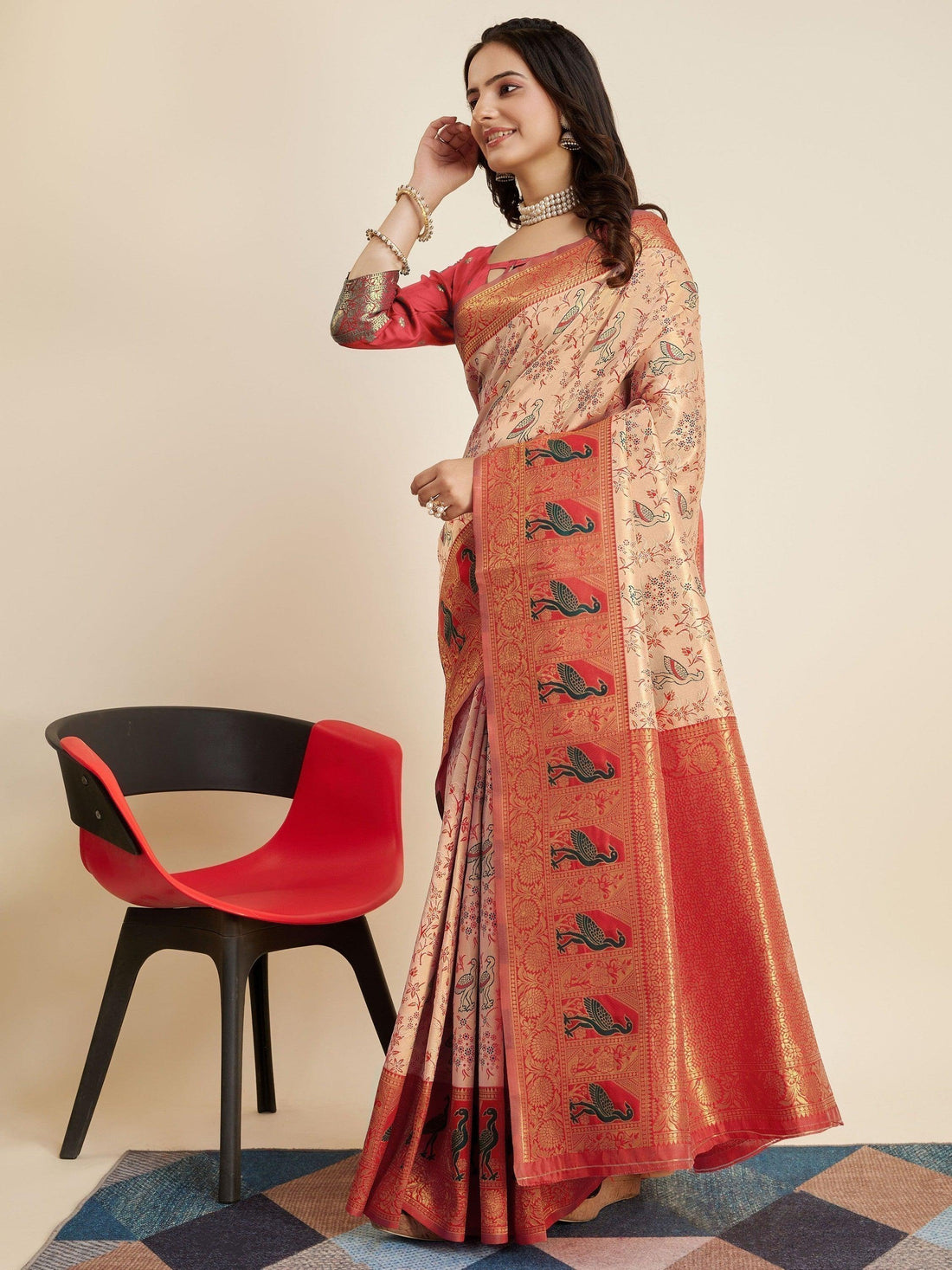 Fantastic Peach Zari Weaving Banarasi Silk Festive Wear Saree