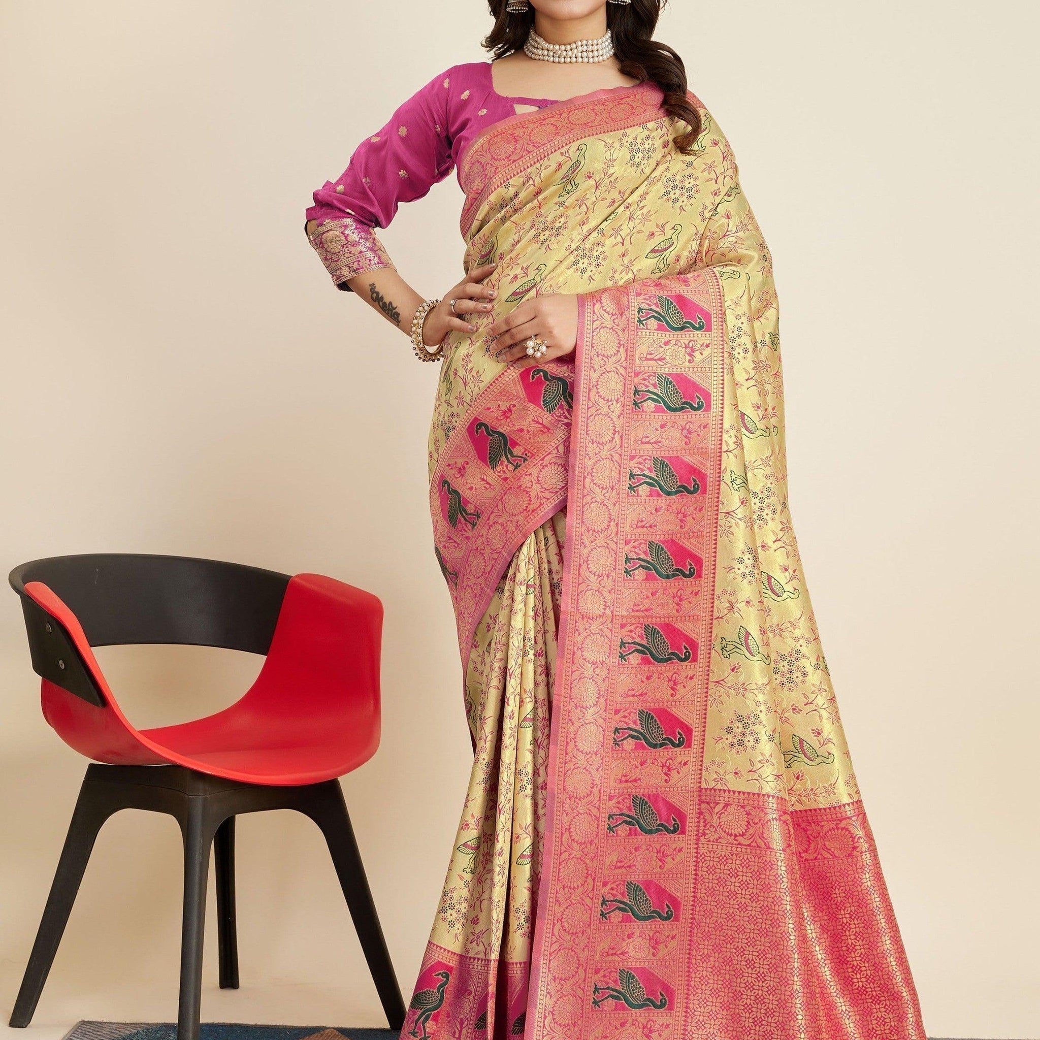 Incredible Beige Zari Weaving Banarasi Silk Function Wear Saree