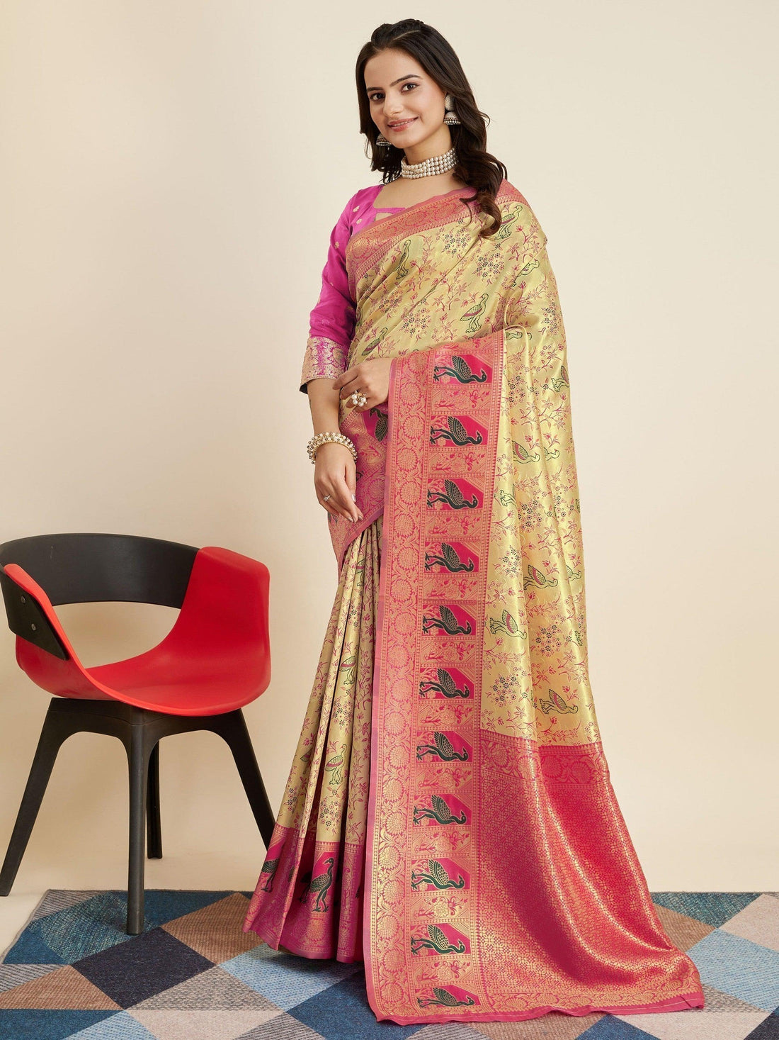 Incredible Beige Zari Weaving Banarasi Silk Function Wear Saree