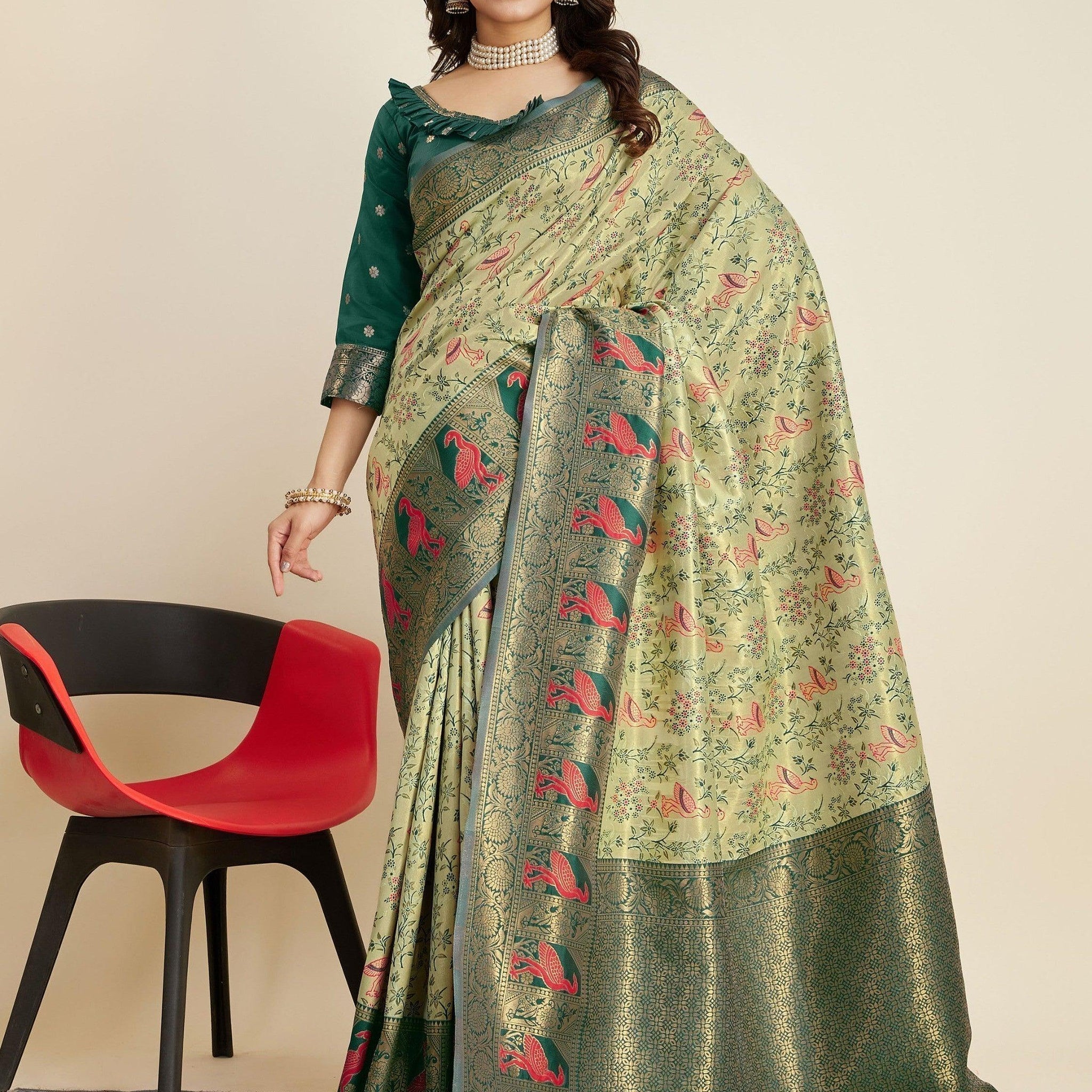 Surprising Pista Green Zari Weaving Banarasi Silk Mehendi Wear Saree