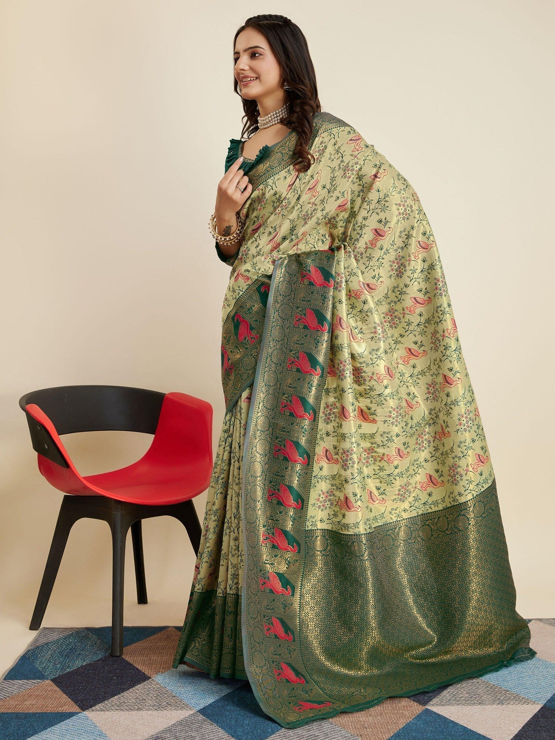 Surprising Pista Green Zari Weaving Banarasi Silk Mehendi Wear Saree
