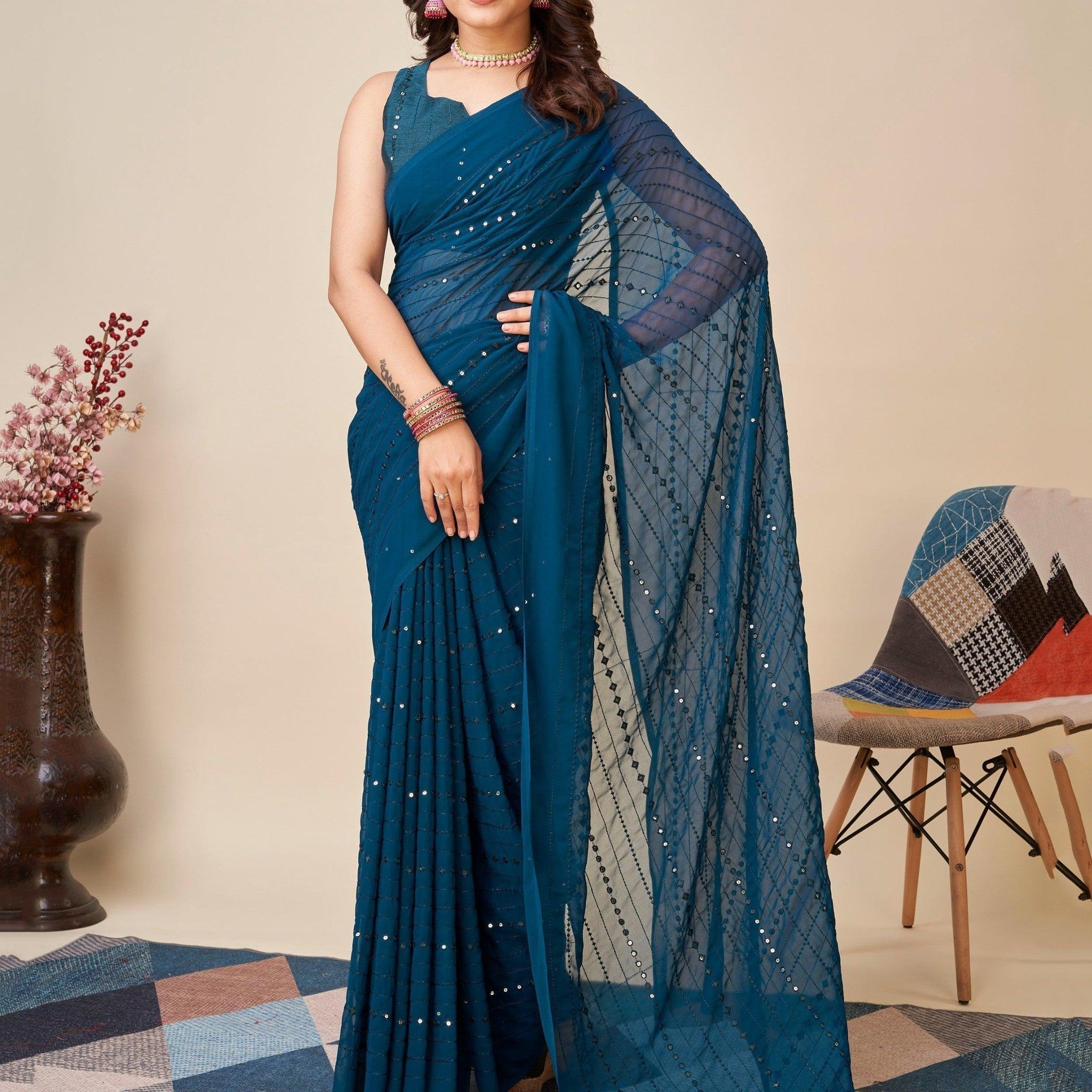 Awesome Teal Blue Sequins Georgette Function Wear Saree With Blouse
