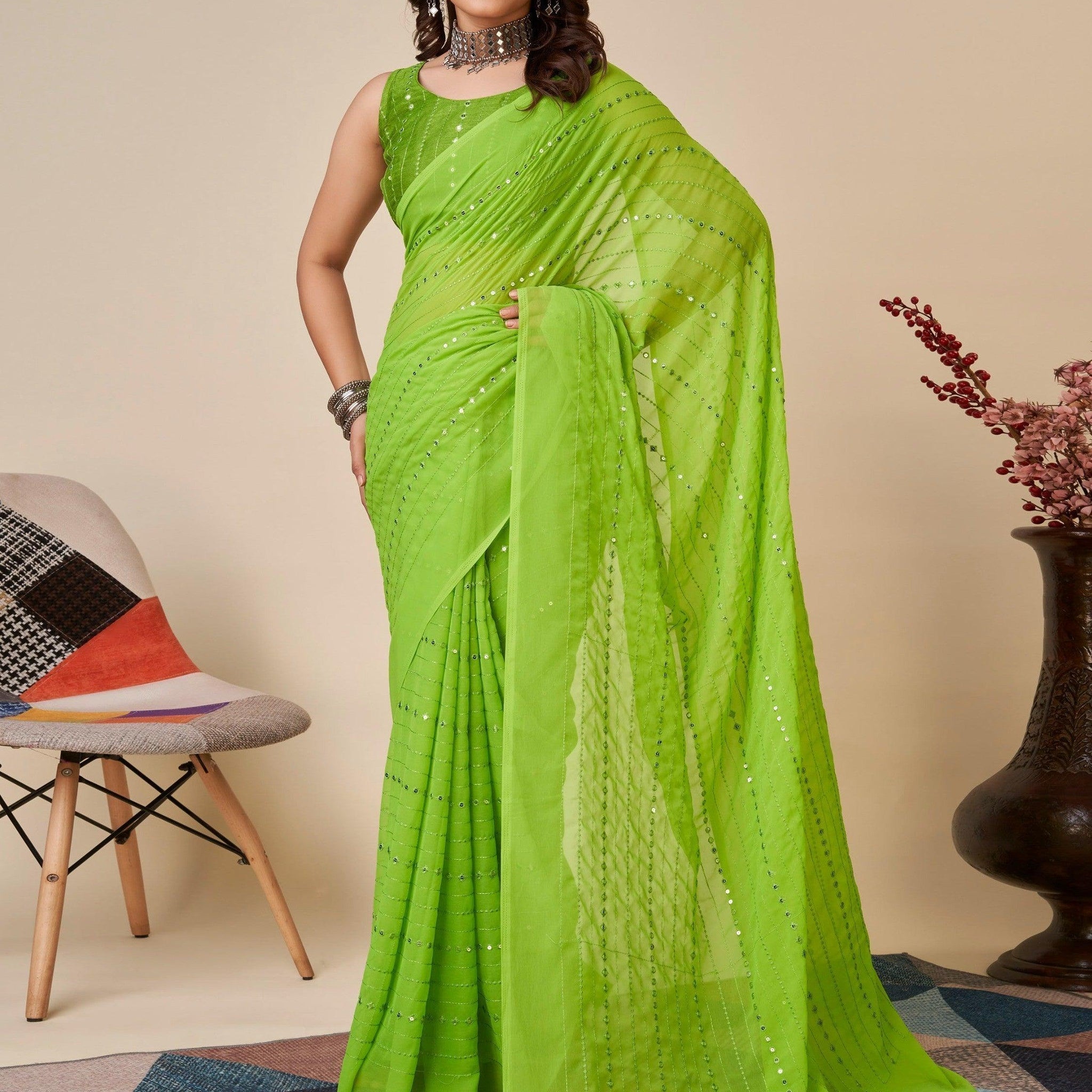 Superb Green Sequins Georgette Events Wear Saree With Blouse