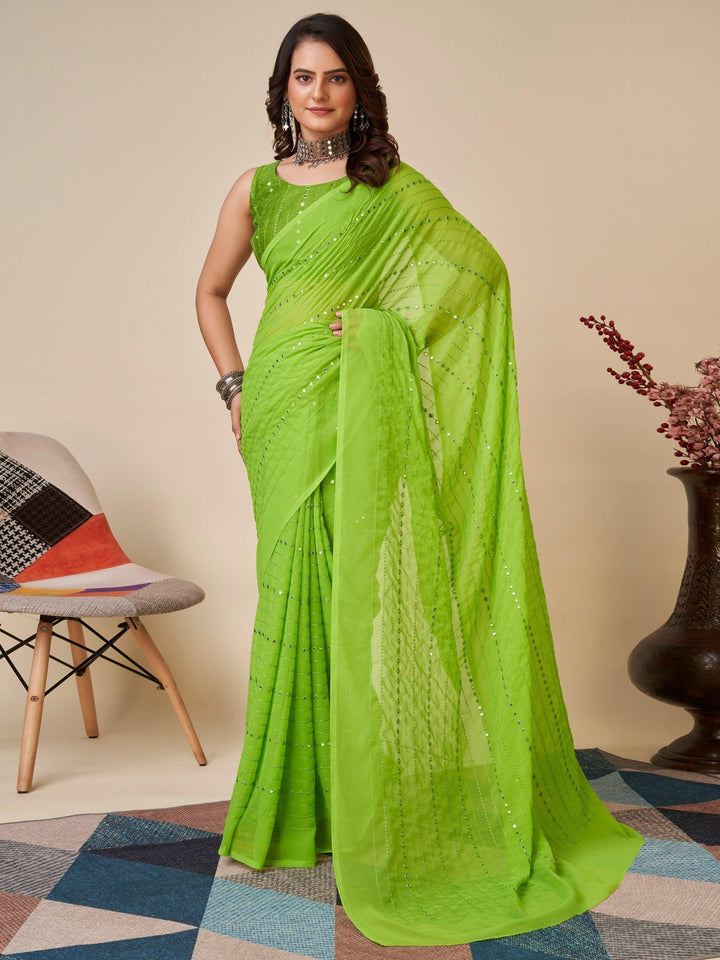 Superb Green Sequins Georgette Events Wear Saree With Blouse