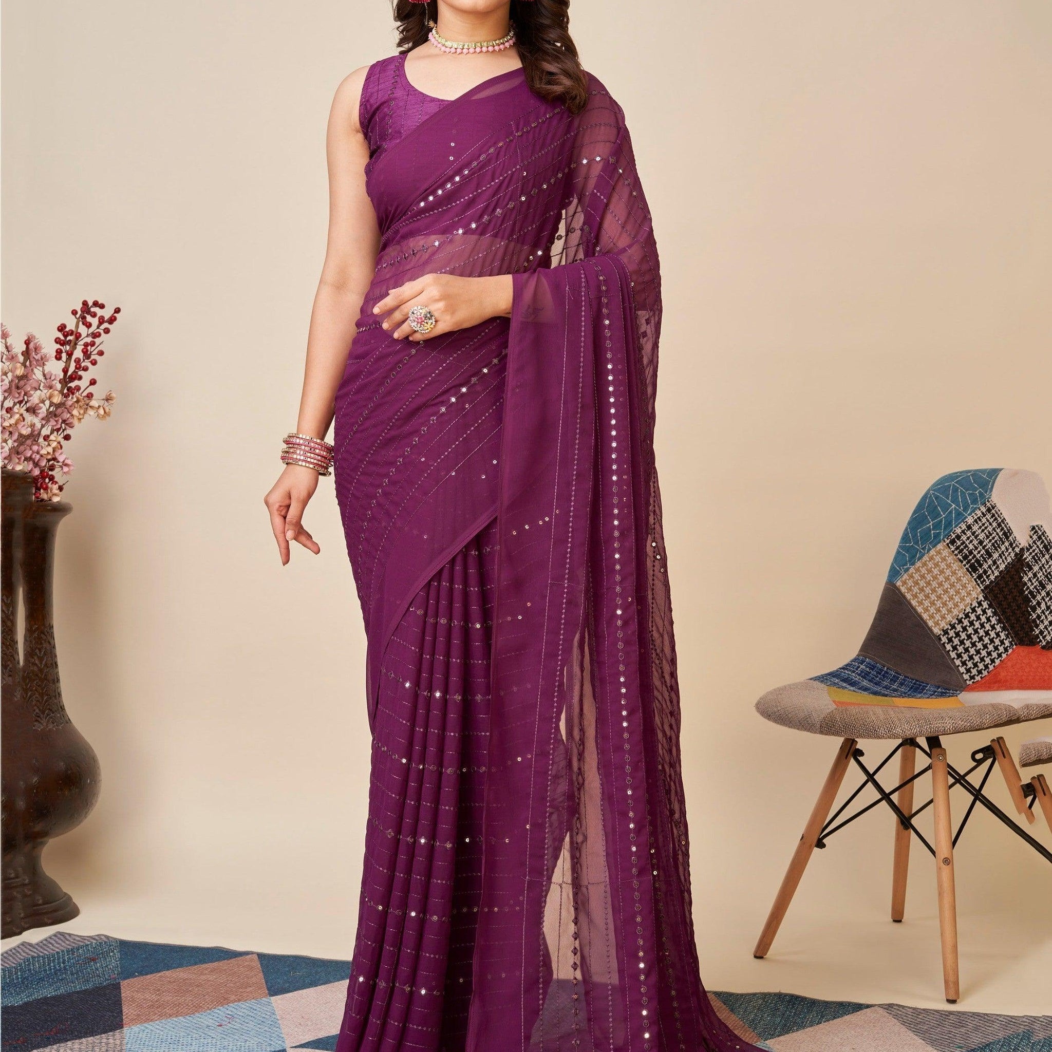 Outstanding Wine Sequins Georgette Party Wear Saree With Blouse