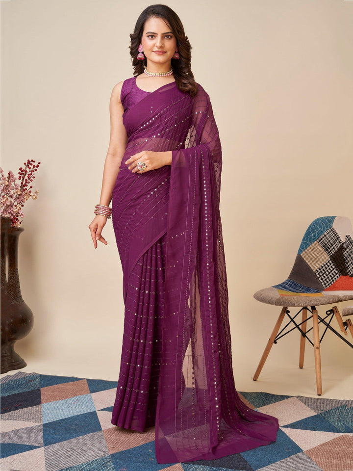 Outstanding Wine Sequins Georgette Party Wear Saree With Blouse