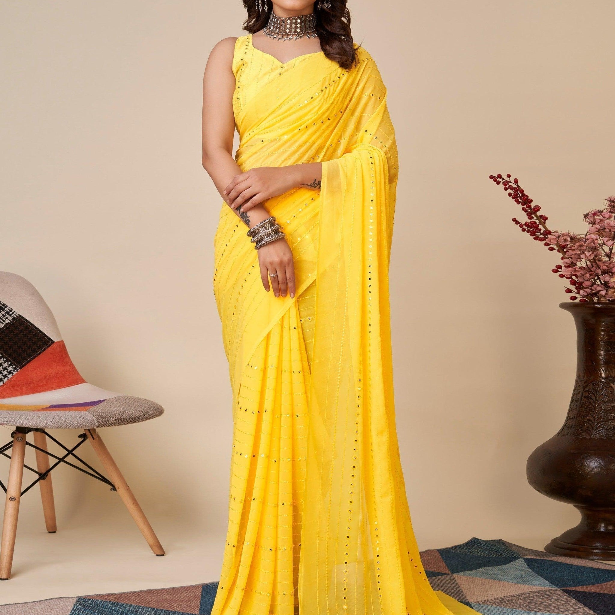 Wonderful Yellow Sequins Georgette Festive Wear Saree With Blouse