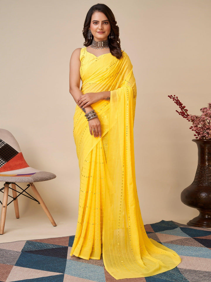 Wonderful Yellow Sequins Georgette Festive Wear Saree With Blouse
