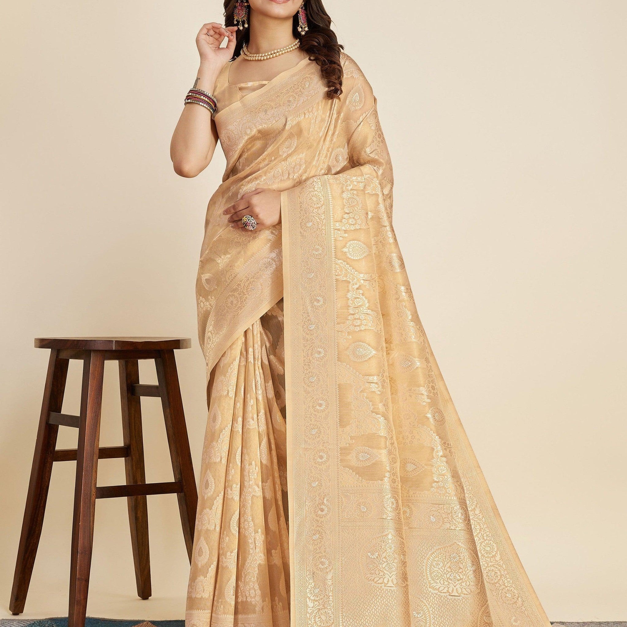 Gorgeous Beige Zari Weaving Banarasi Silk Reception Wear Saree