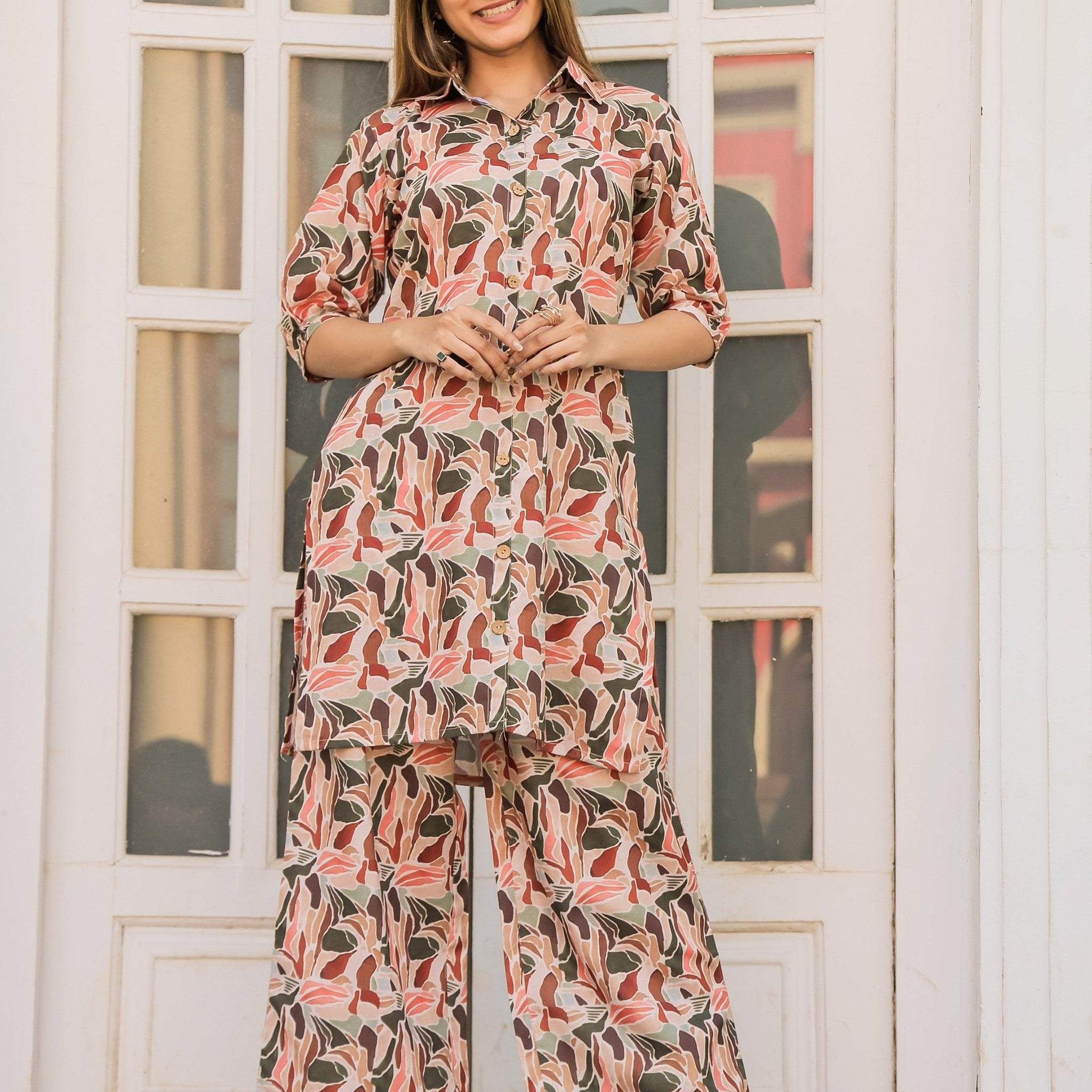 Exquisite Cream Digital Printed Cotton Top Palazzo Co-Ord Set