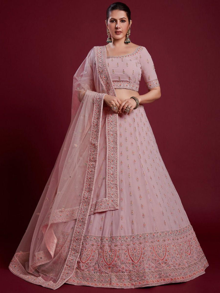 Glamorous Peach Embroidered Georgette Wedding Wear Lehenga Choli