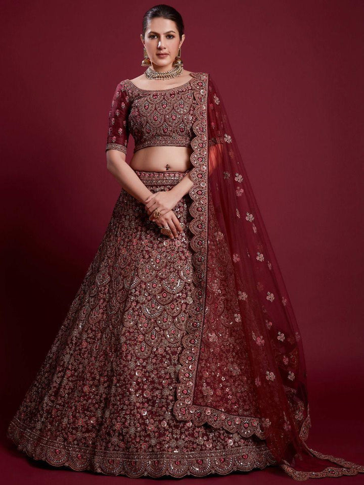 Fascinating Burgundy Sequins Net Bridal Wear Lehenga Choli With Dupatta