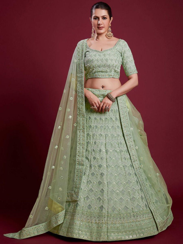 Pretty Pista Green Embroidered Georgette Lehenga Choli With Dupatta