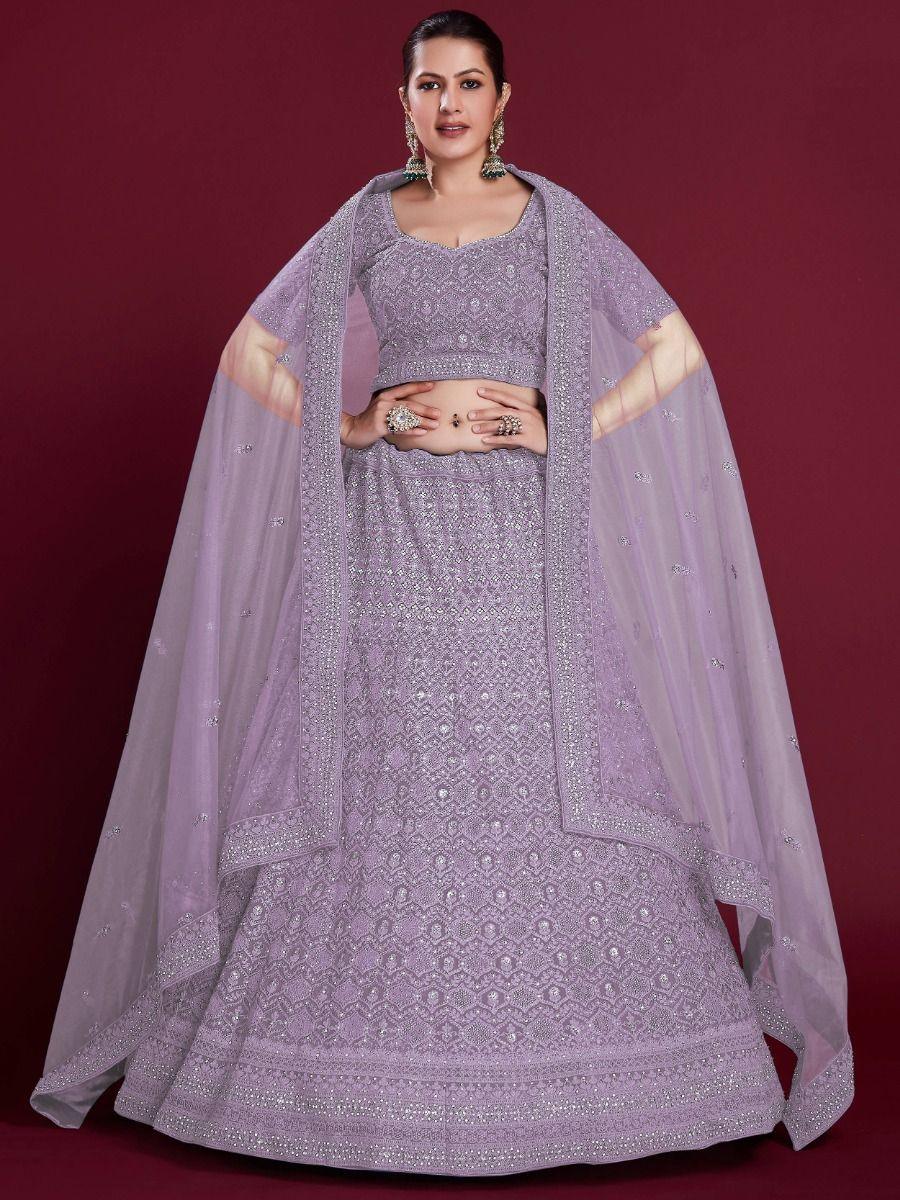 Lovely Lavender Embroidered Georgette Wedding Wear Lehenga Choli