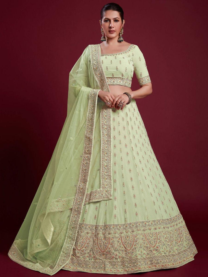 Incredible Pista Green Sequins Georgette Reception Wear Lehenga Choli