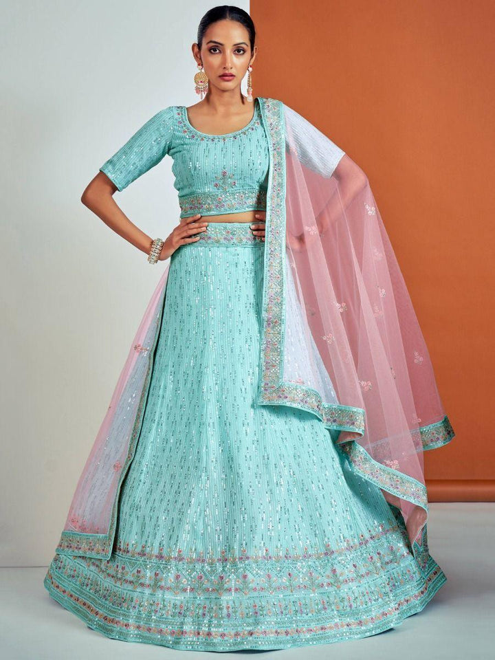 Adorable Turquoise Sequins Georgette Wedding Wear Lehenga Choli