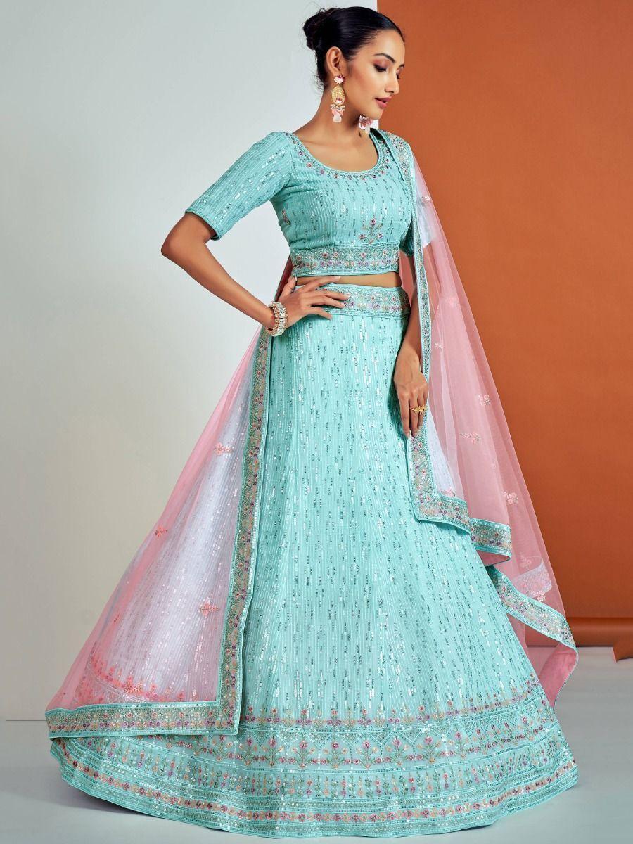 Adorable Turquoise Sequins Georgette Wedding Wear Lehenga Choli