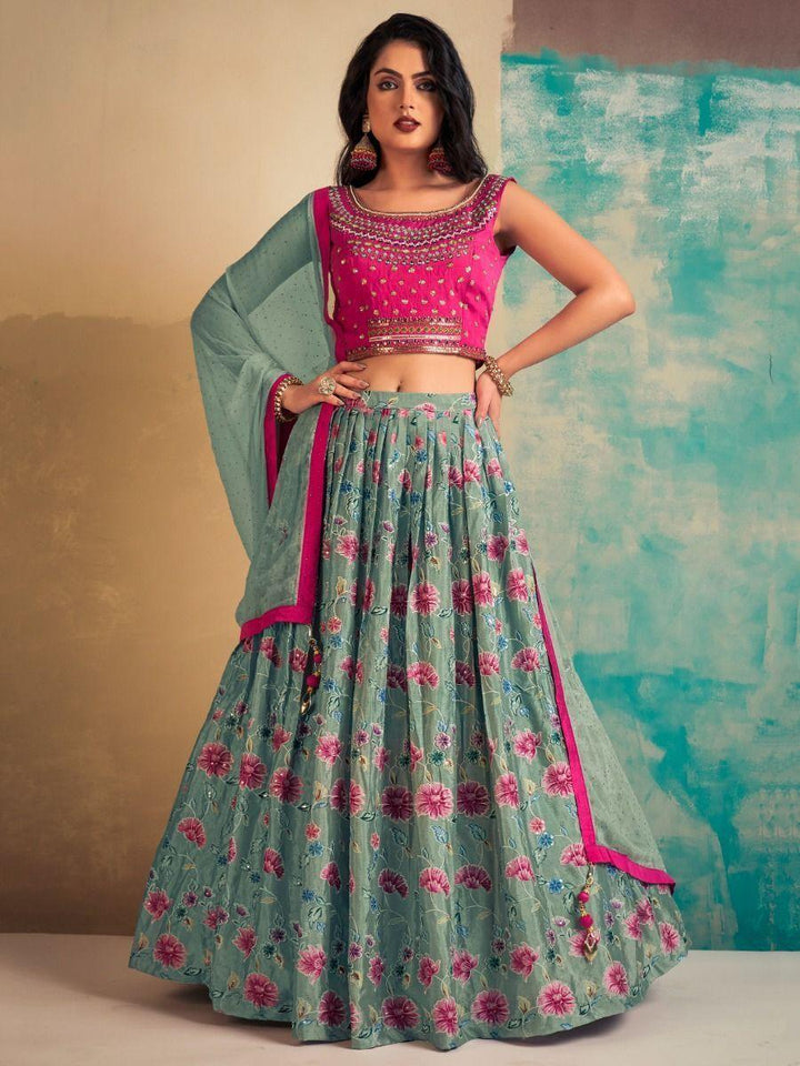 Beautiful Sea Green Printed Chinon Wedding Wear Lehenga Choli