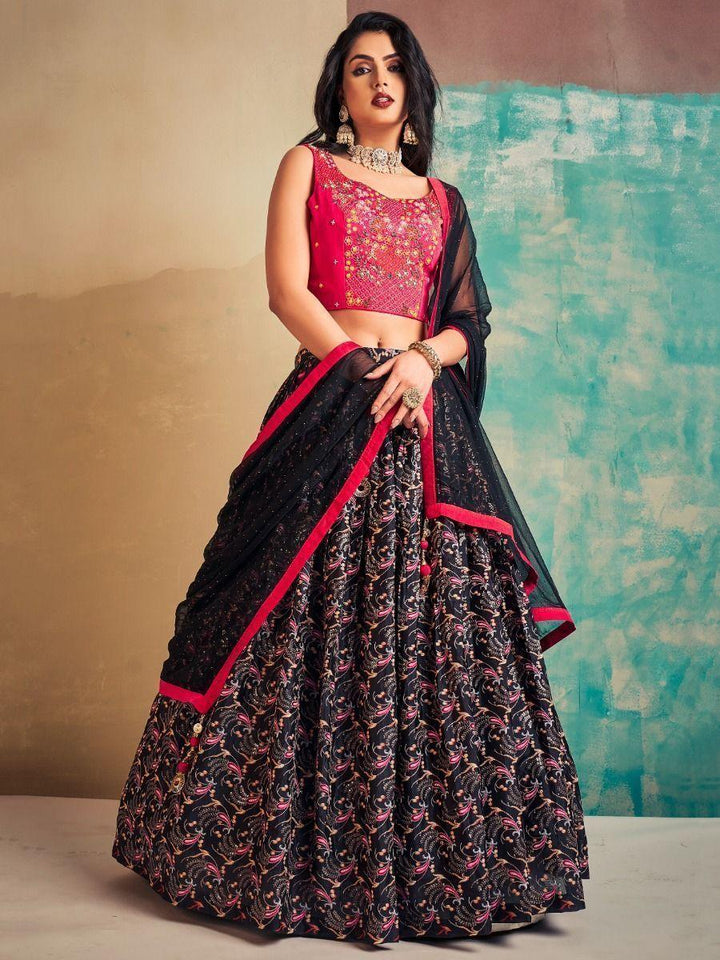 Lovely Black Digital Printed Chinon Lehenga Choli With Dupatta