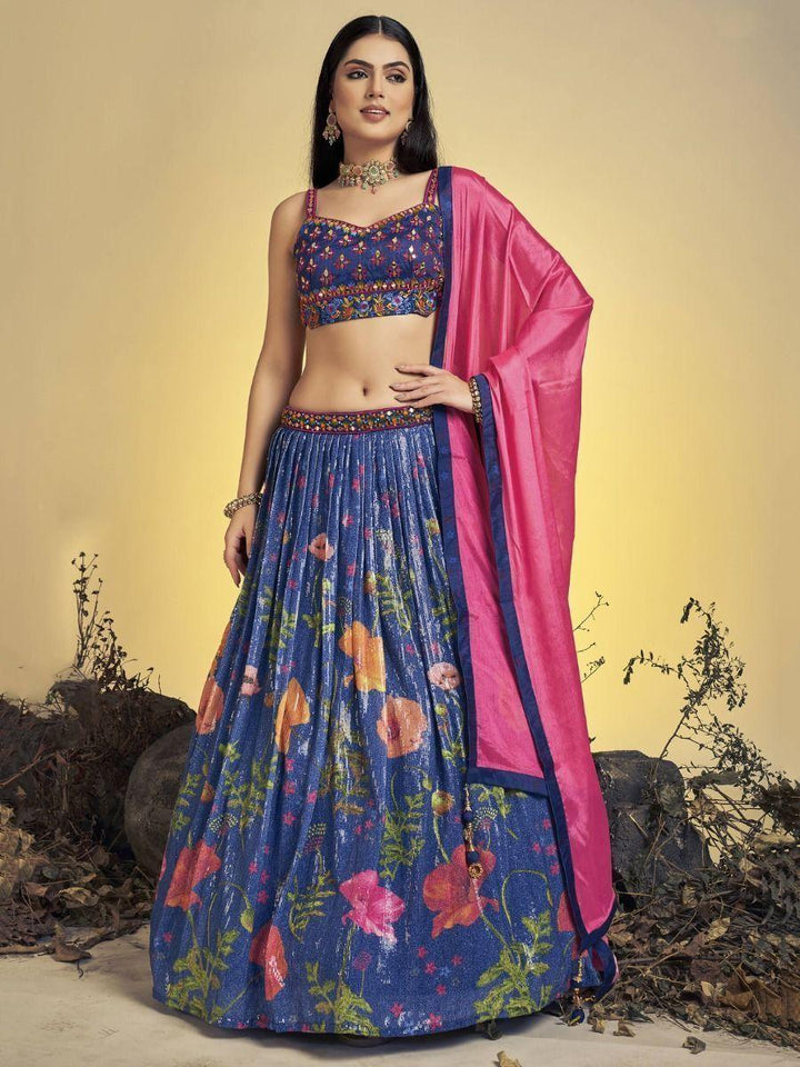 Beautiful Navy Blue Floral Sequins Silk Wedding Wear Lehenga Choli
