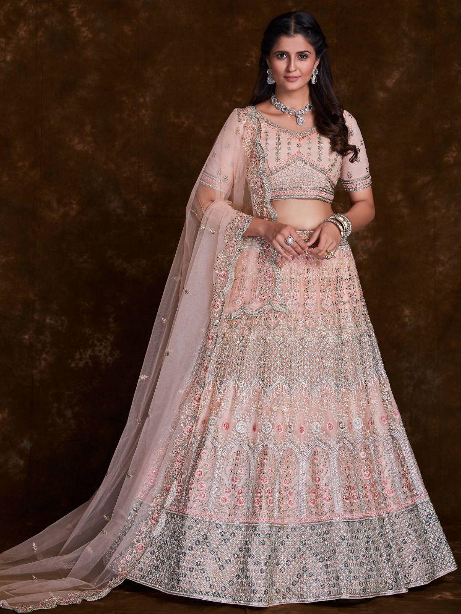 Charming Peach Thread Embroidered Net Reception Wear Lehenga Choli