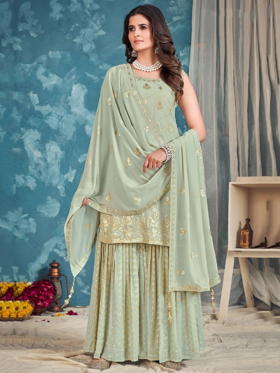 Gorgeous Light Green Sequins Georgette Festival Wear Sharara Suit