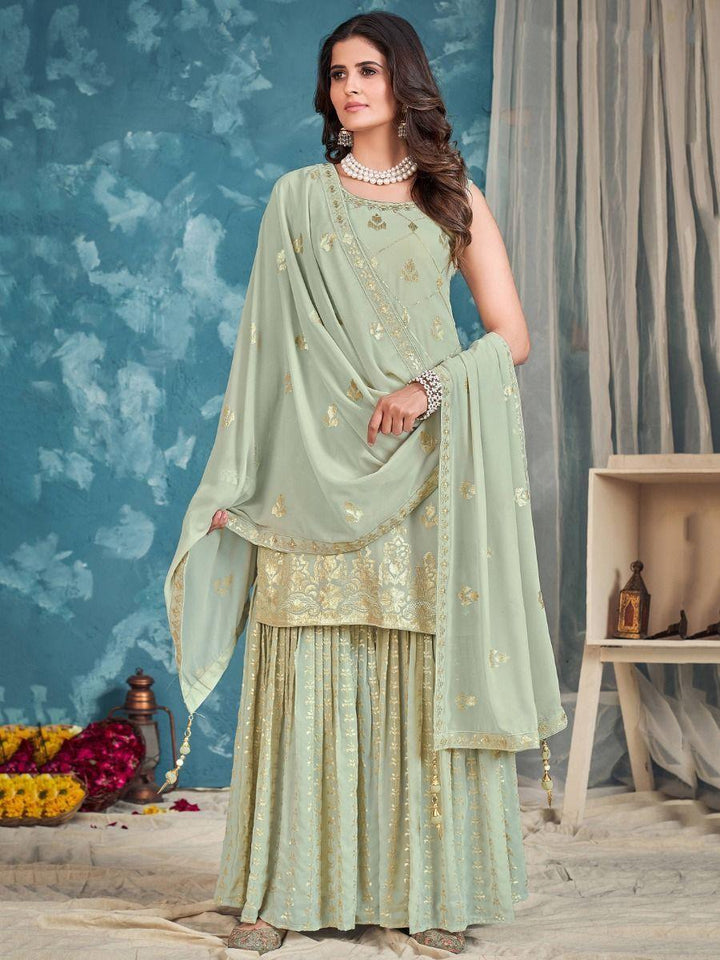 Gorgeous Light Green Sequins Georgette Festival Wear Sharara Suit
