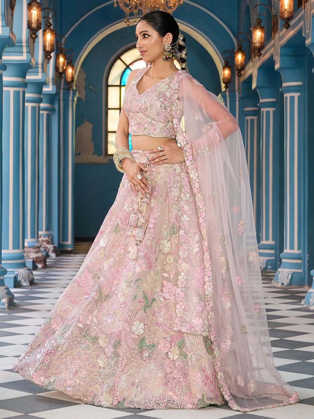Admirable Cream Sequins Embroidery Net Bridesmaid Lehenga Choli With Dupatta