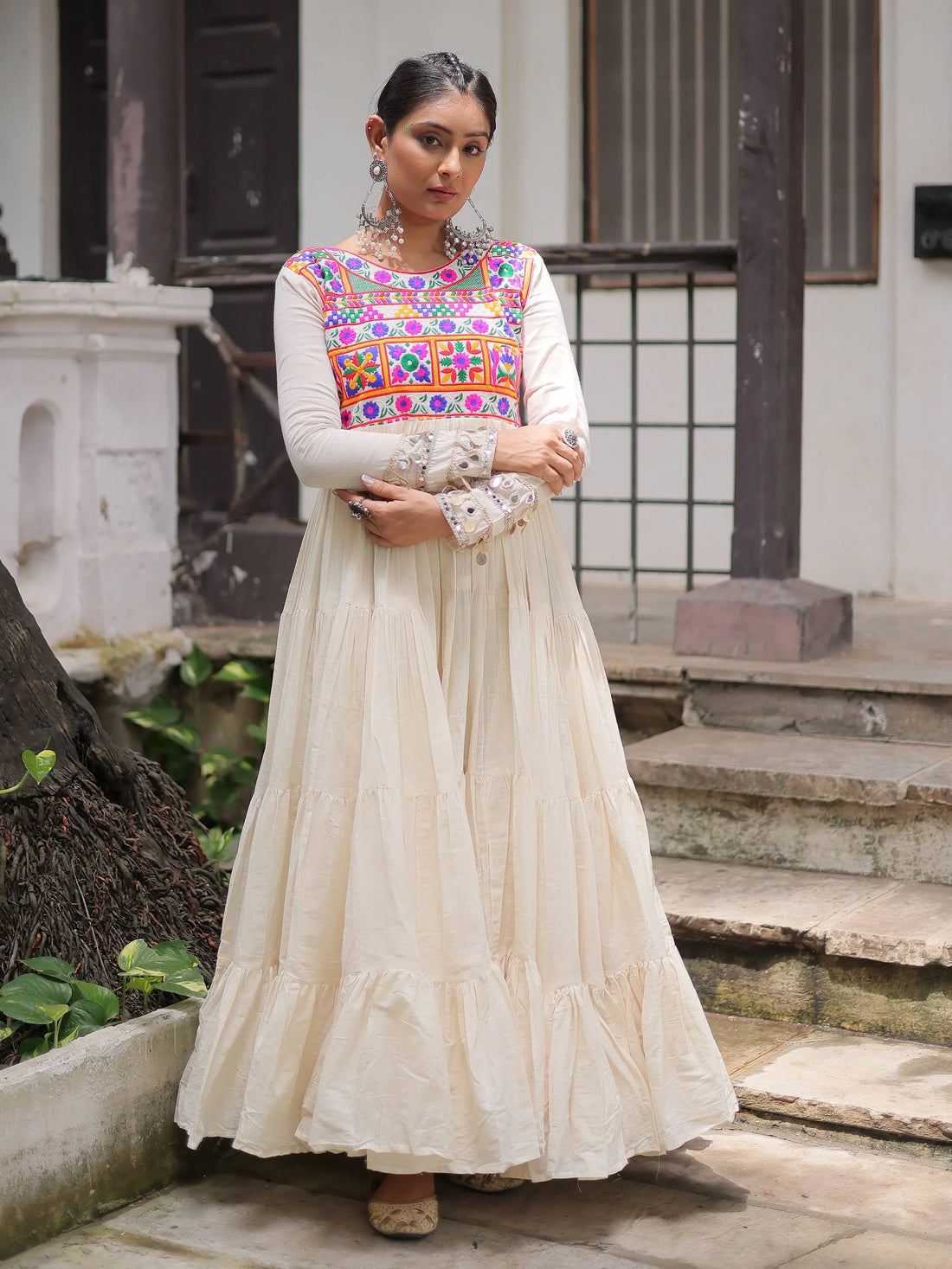Admirable Off-White Multi Thread Work Cotton Festive Special Gown - Zeel Clothing