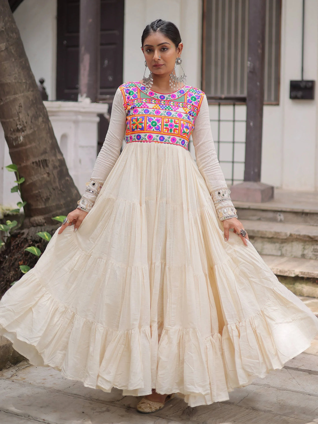 Admirable Off-White Multi Thread Work Cotton Festive Special Gown - Zeel Clothing