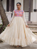 Admirable Off-White Multi Thread Work Cotton Festive Special Gown - Zeel Clothing