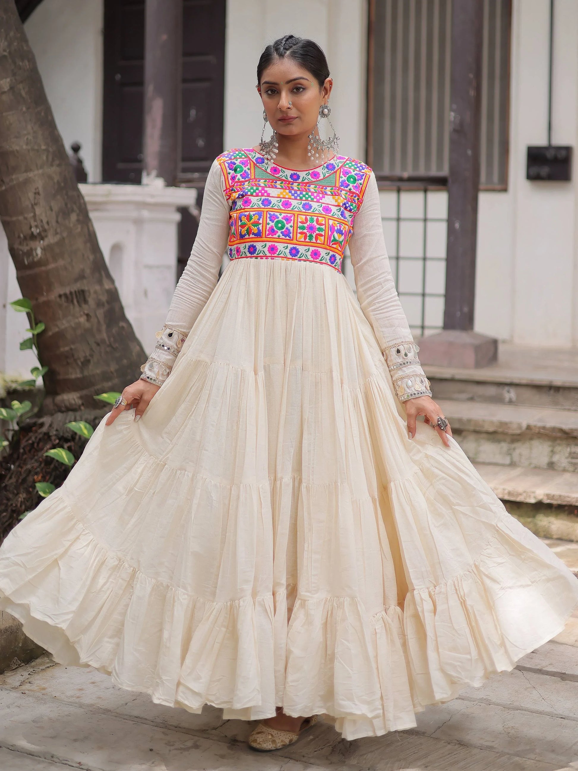 Admirable Off-White Multi Thread Work Cotton Festive Special Gown - Zeel Clothing