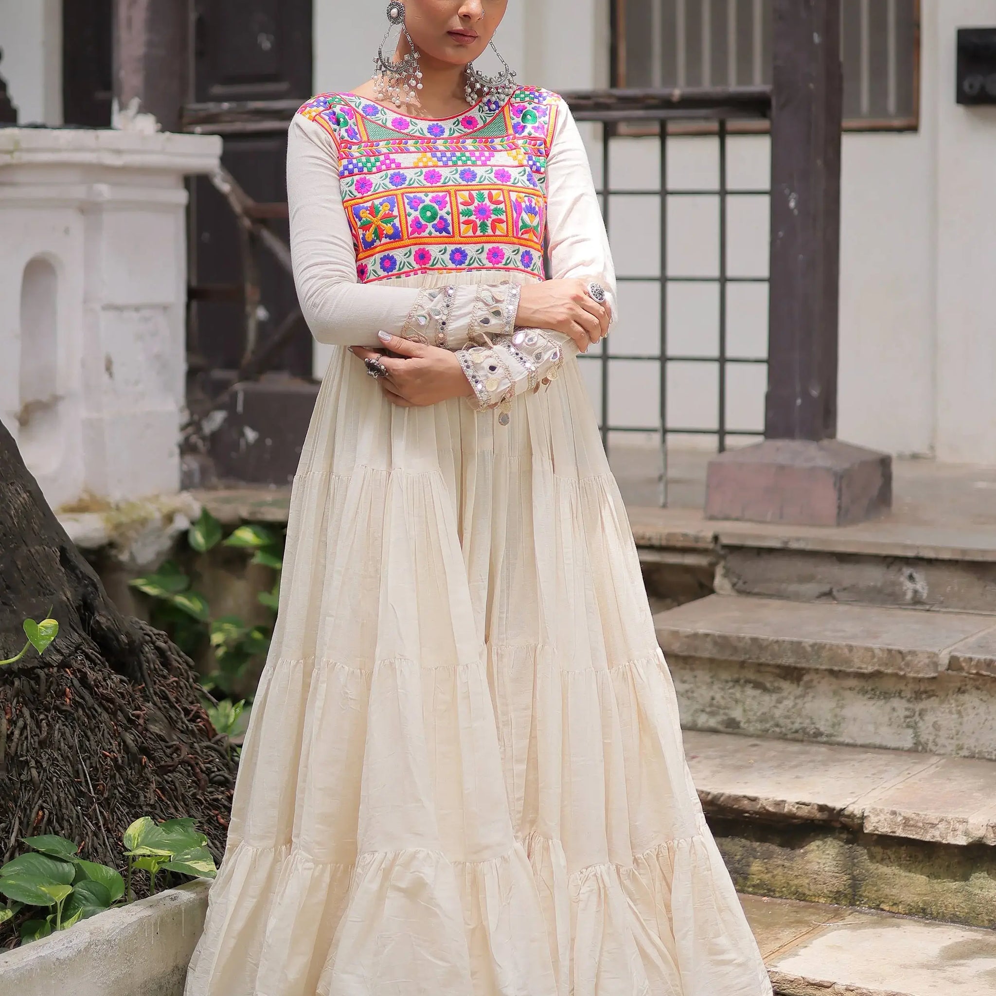 Admirable Off-White Multi Thread Work Cotton Festive Special Gown - Zeel Clothing