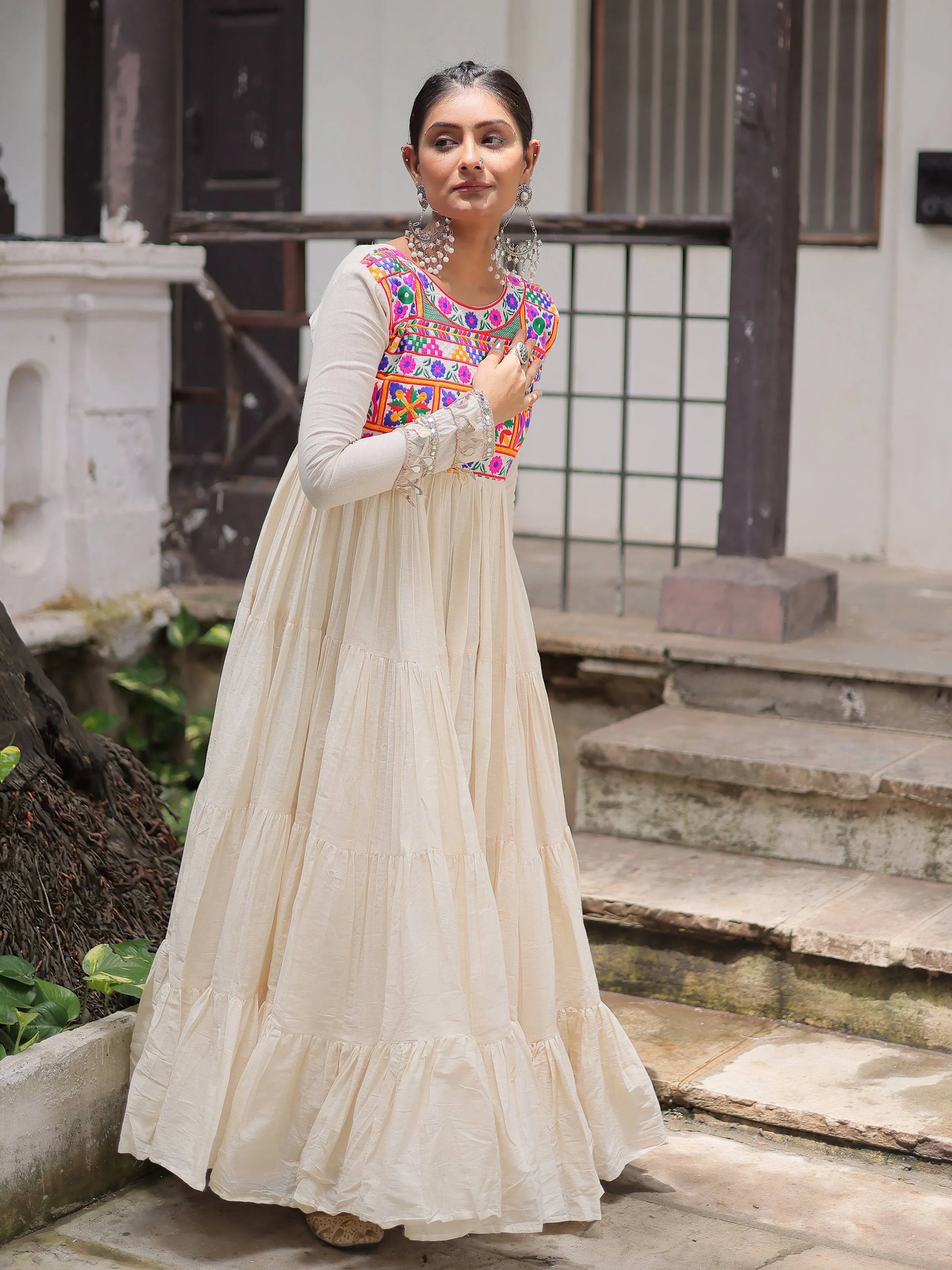 Admirable Off-White Multi Thread Work Cotton Festive Special Gown - Zeel Clothing
