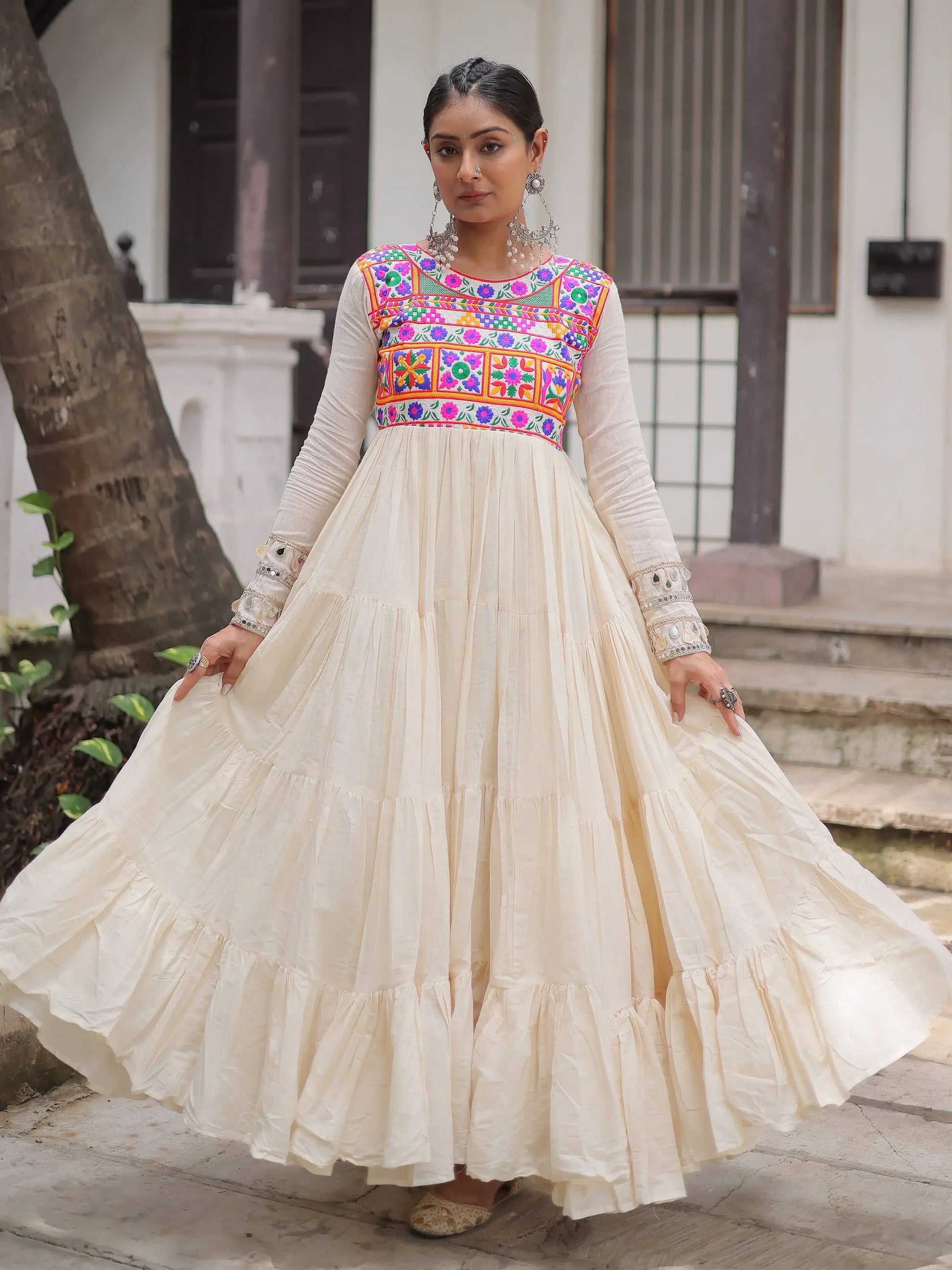 Admirable Off-White Multi Thread Work Cotton Festive Special Gown - Zeel Clothing