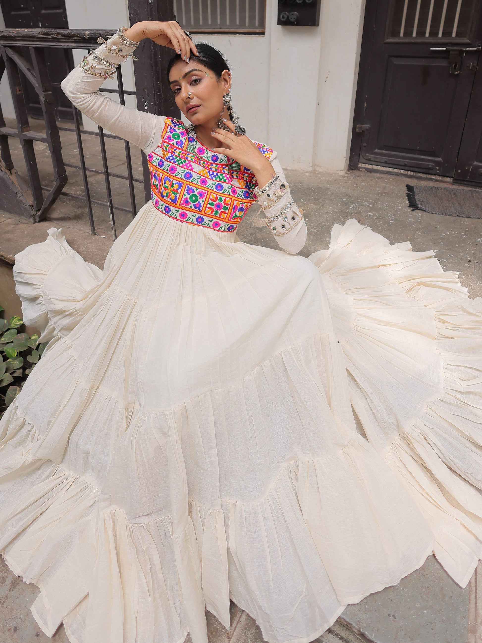 Admirable Off-White Multi Thread Work Cotton Festive Special Gown - Zeel Clothing